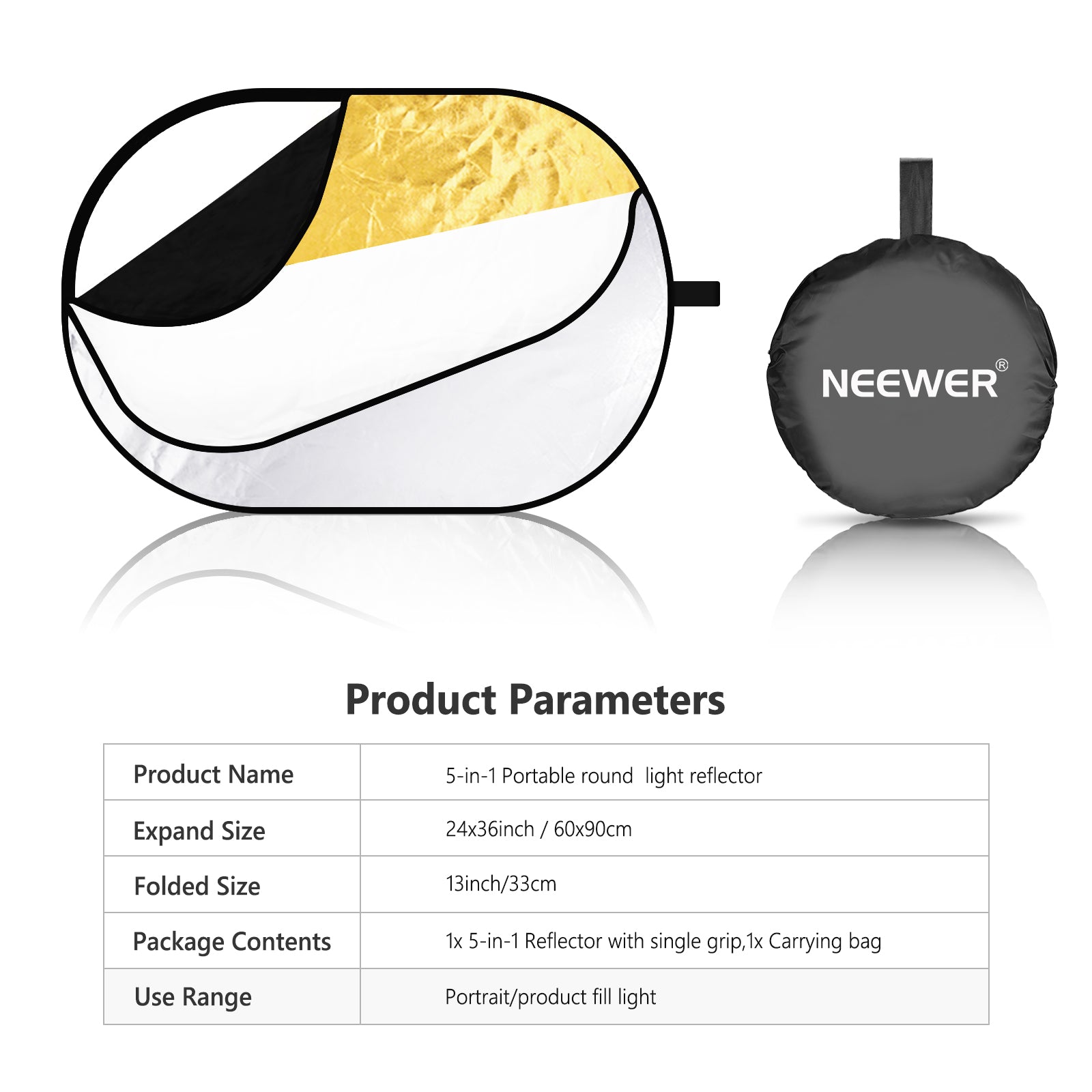 NEEWER 5-in-1 Portable Photography Lighting Reflector and Diffuser Kit for Studio, Outdoor, and Portrait Photography