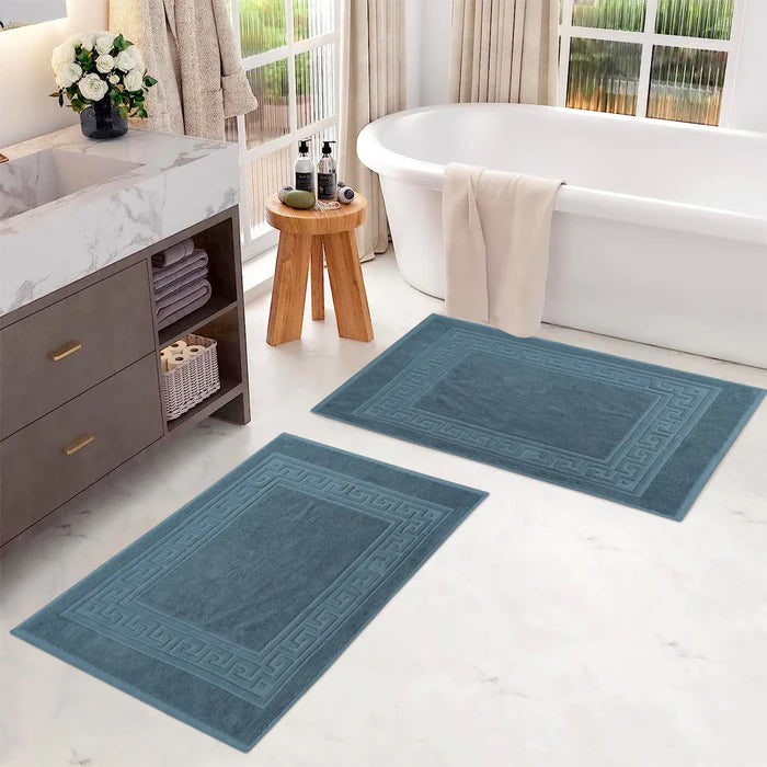 Premium Cotton 2-Piece Greek Key Border Bath Mat Set - Ultra Absorbent, Non-Slip Bathroom Rug - Perfect for Modern Bathrooms, Master Suites & Spa-Like Retreats