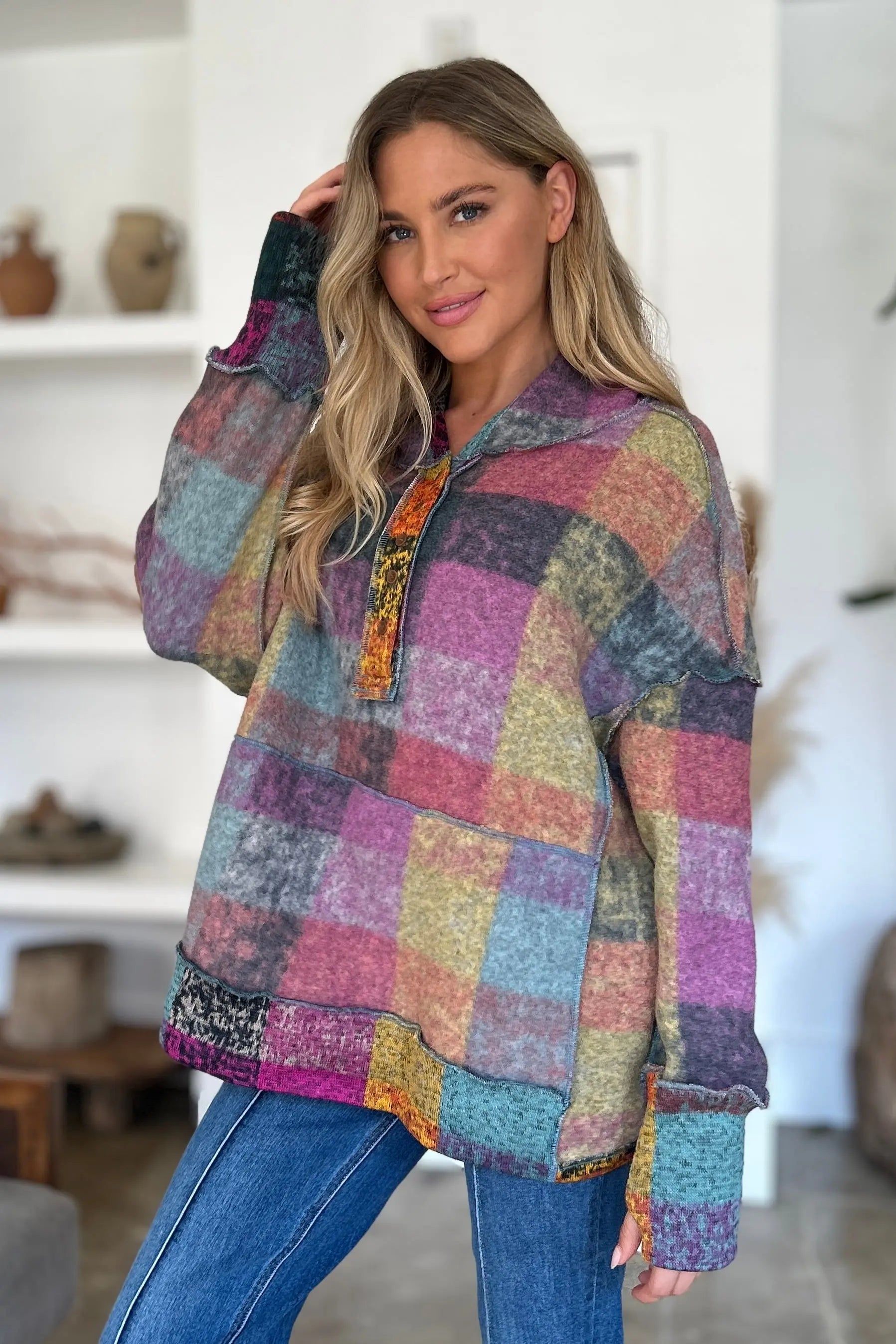 Double Take Full Size Plaid Dropped Shoulder Hoodie - Cozy Oversized Sweatshirt for Men & Women - Perfect for Casual Wear, Loungewear, and Outdoor Activities