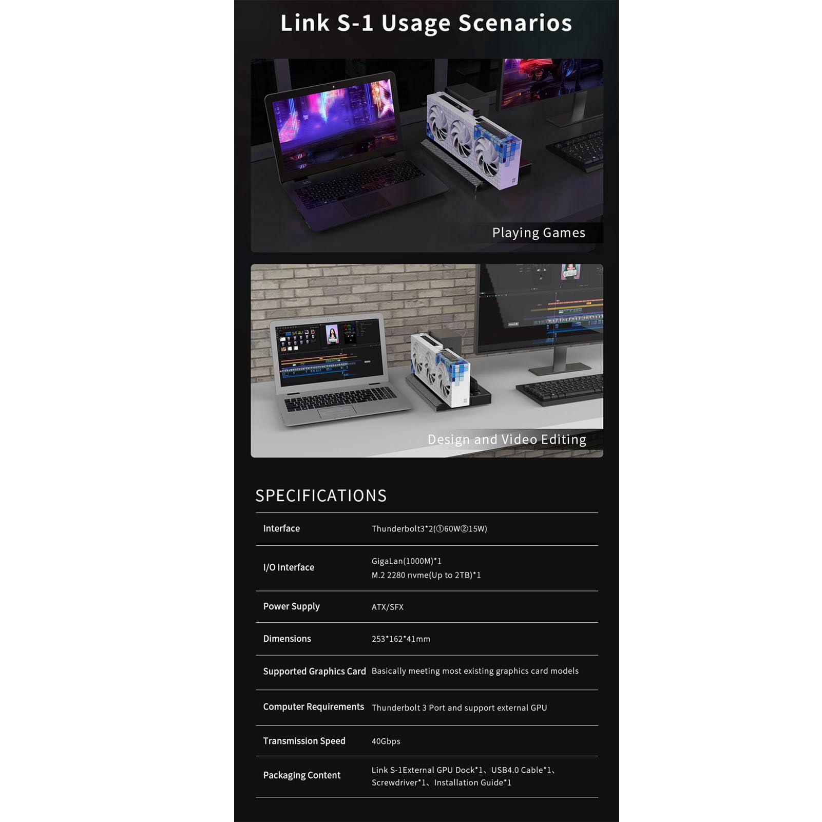 High-Speed External GPU Docking Station with 60W PD Charging, USB4.0 40Gbps, Gigabit Ethernet & M.2 NVMe SSD Support - PCIe Laptop eGPU Enclosure for Gaming, Video Editing & 3D Rendering - Perfect for Content Creators & Power Users