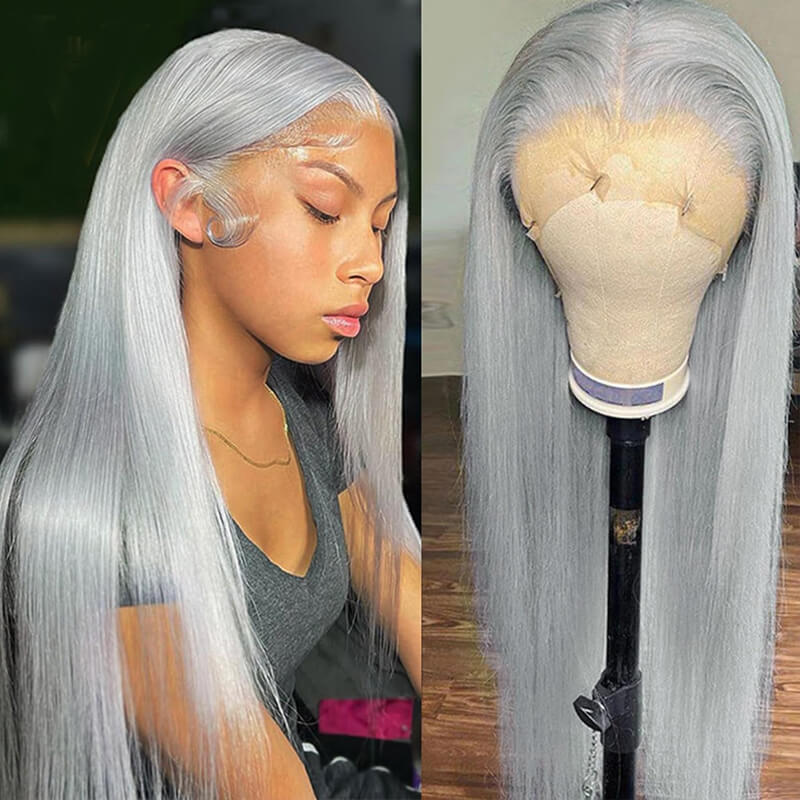 Eullair 13x4 Glueless Lace Front Wig - 180 Density Pre Plucked Straight Human Hair Wig for Women, Grey & Silver Lace Frontal Wig - Perfect for Daily Wear, Cosplay & Special Occasions