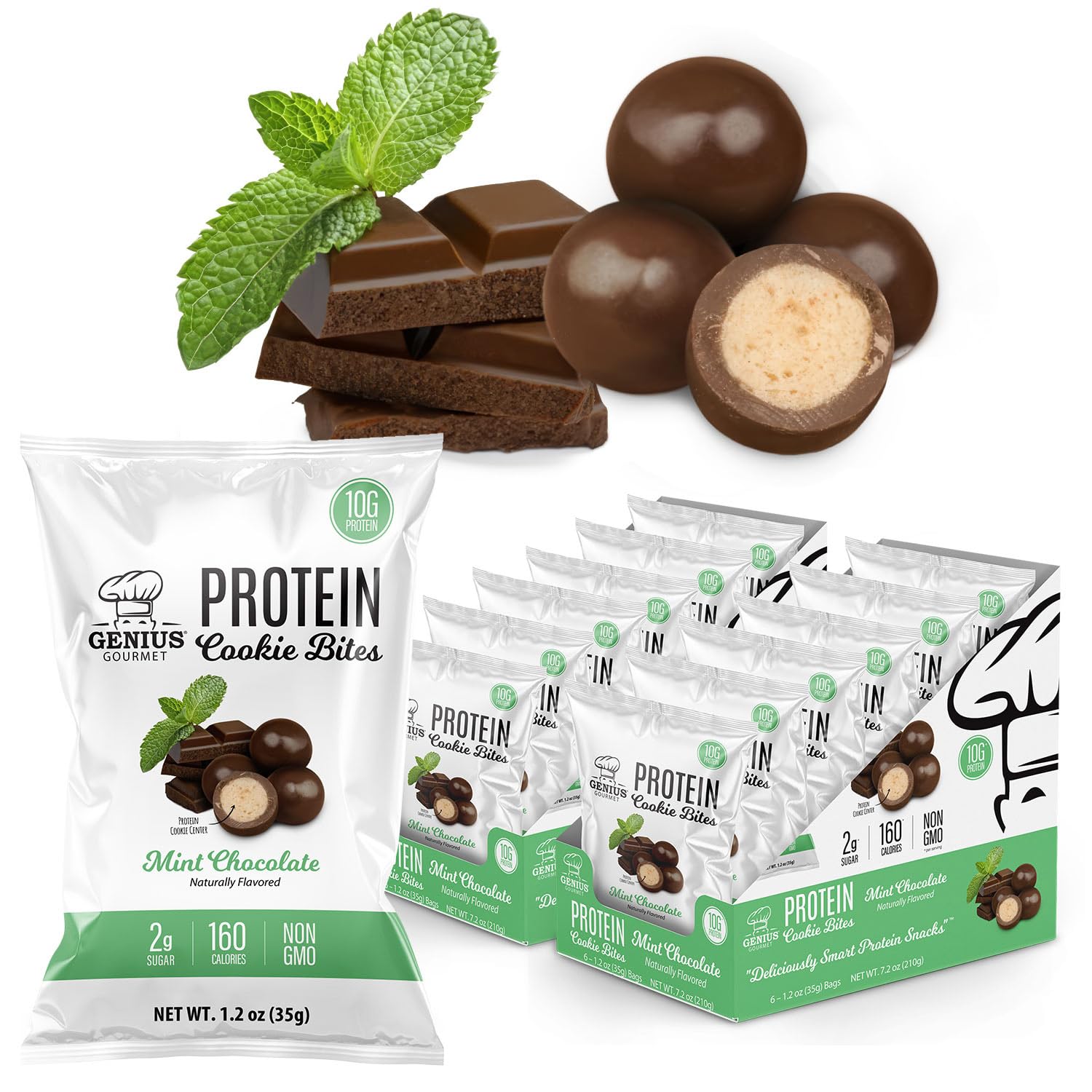 Genius Gourmet Protein Cookie Bites Mint Chocolate - 10g Protein, No Added Sugar, Low Carb, Non-GMO - Healthy Protein Desserts & Snacks for Adults & Kids - 12 Bags - Perfect for Post-Workout, School Lunch & On-the-Go Snacking