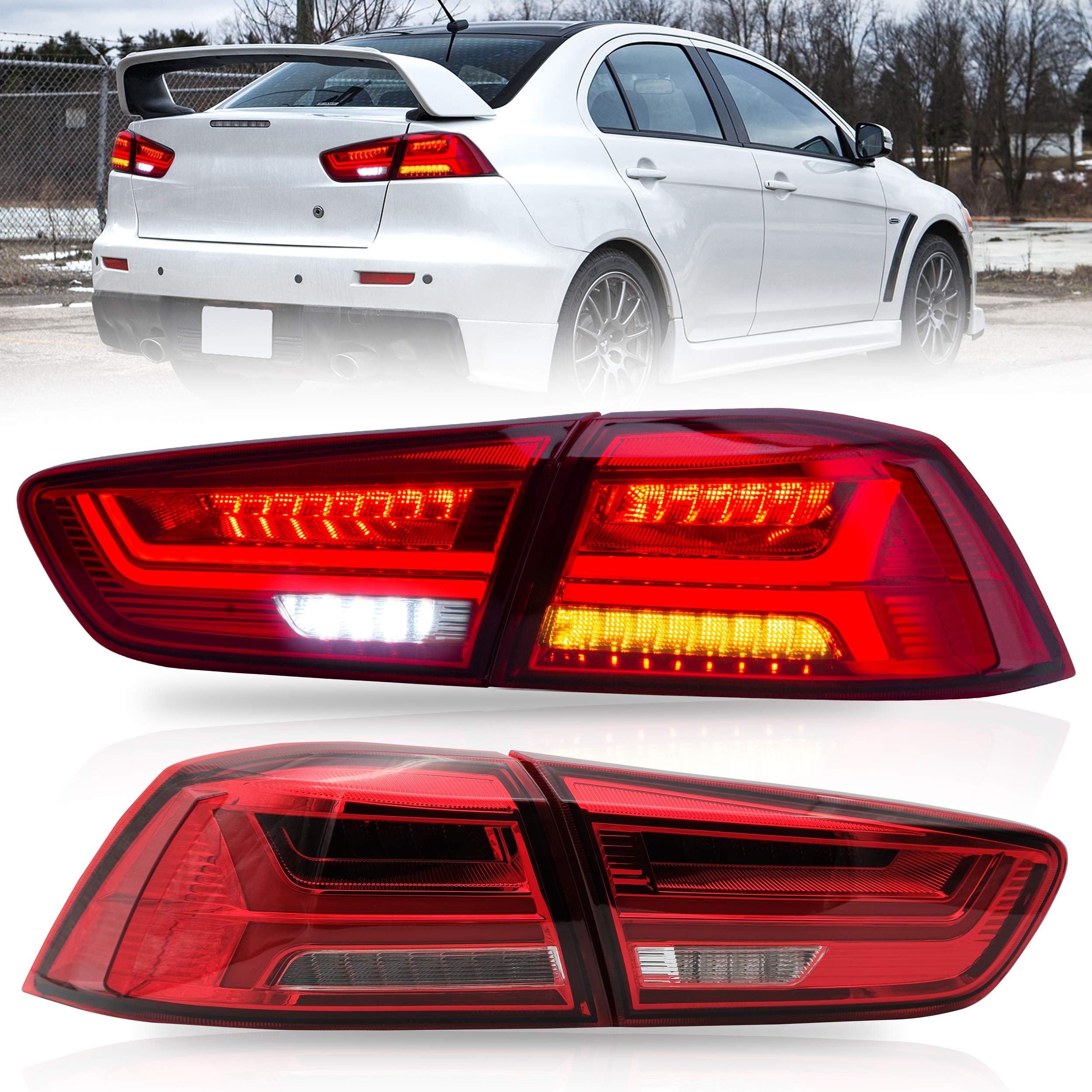 VLAND LED Tail Lights Assembly for Mitsubishi Lancer EVO X 2008-2020 - Sequential Turn Signal, Red - Not Compatible with Lancer Fortis/io | Upgrade Your Car's Style & Safety for Night Driving
