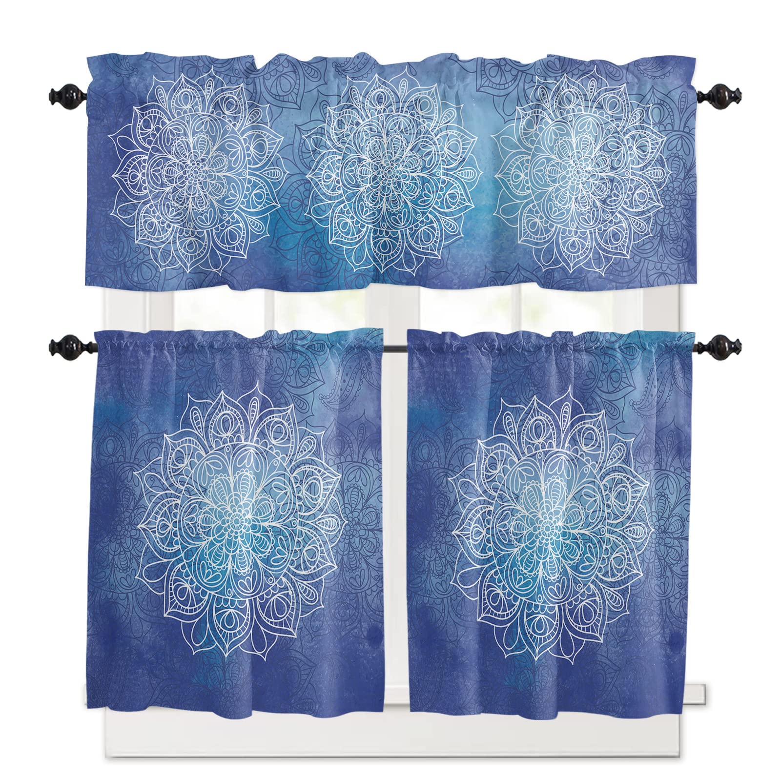 Bohemian Mandala 3-Piece Kitchen Curtains Set with Valances, Washable Watercolor Blue Rod Pocket Window Curtains for Modern Farmhouse and Cozy Boho Kitchen Decor