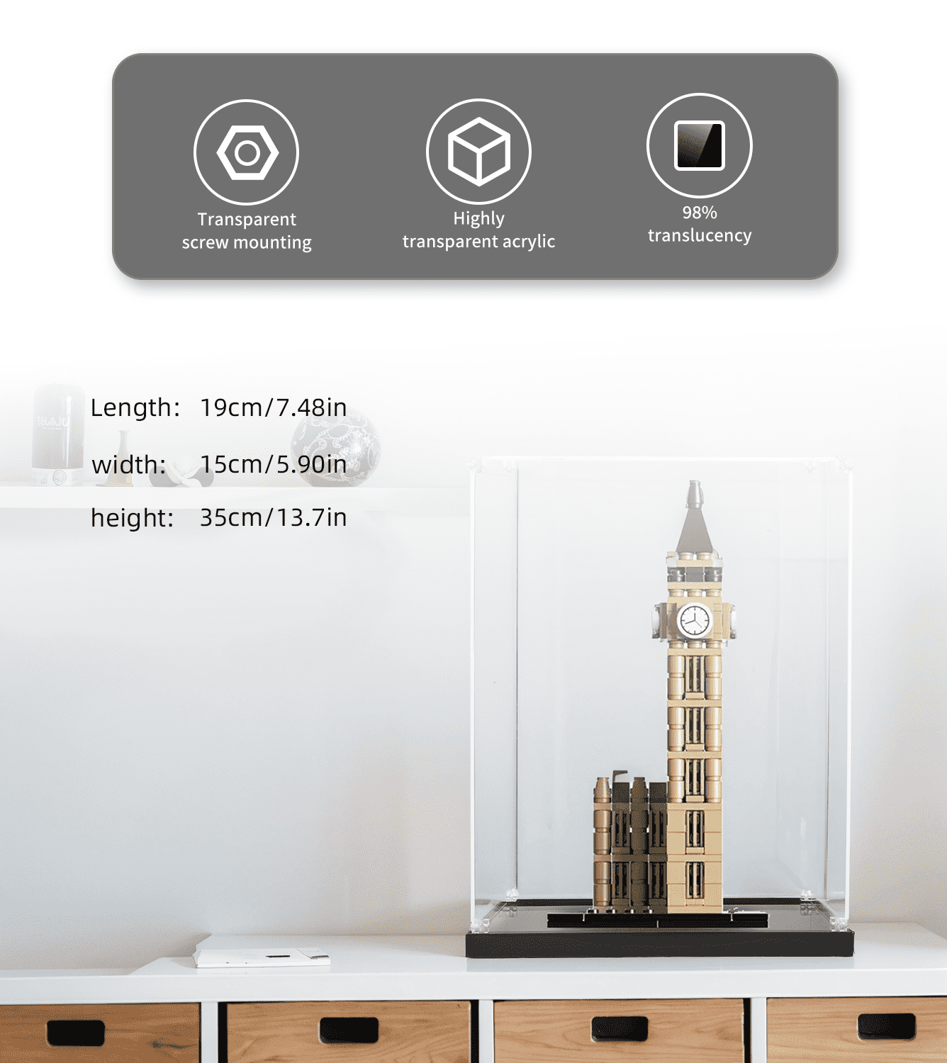LEGO Architecture Big Ben 21013 Display Case - Clear Acrylic Protection for Collectible Building Sets - Perfect for Showcasing & Dust Protection in Home or Office Decor