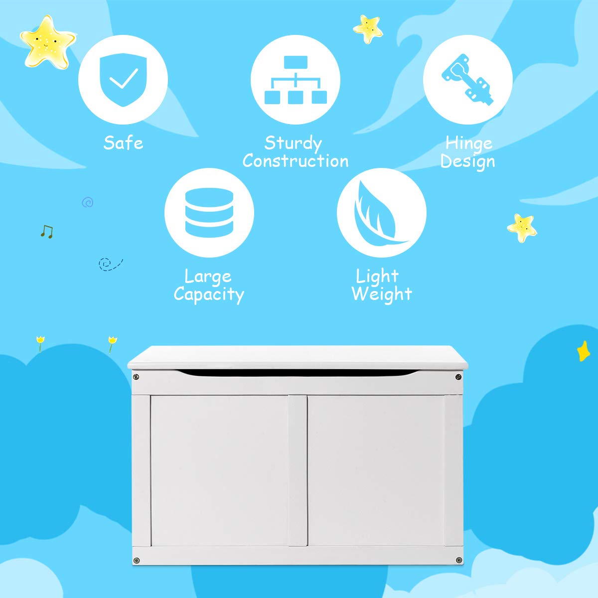Costzon Kids Wooden Toy Box with Flip Top Lid - Large Storage Chest & Bench Organizer for Nursery, Playroom, Kids Room - White | Perfect for Toy Storage, Seating & Room Decor