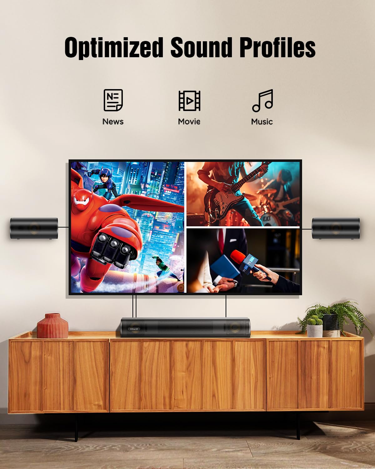 Hiwill 4.1ch Dolby Atmos Sound Bar with Wireless Subwoofer - 300W Powerful Surround Sound System for Smart TV, 2 Front Speakers, Adjustable Bass - Perfect for Home Theater, Gaming & Movie Nights
