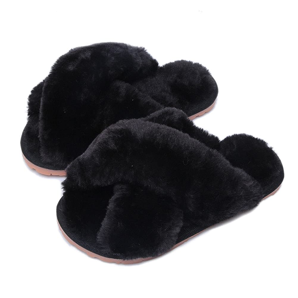 Fadezar Girls Fluffy Slippers for Kids - Cute Fuzzy Open Toe House Shoes with Warm Fur & Cross Band - Soft Plush Indoor Slides for Comfortable Wear at Home, Bedroom, and Dorm