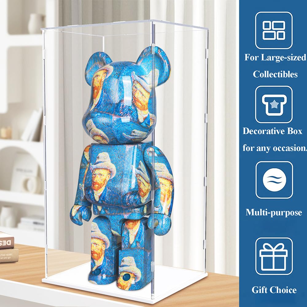 Acrylic Display Case for Bearbrick 1000% - 29 Inch Tall Clear Dustproof Protective Box for Collectibles, Dolls & Lego - Large Home Display Storage Cube with White Base - Perfect for Showcasing Action Figures, Art Toys & Valuable Collections