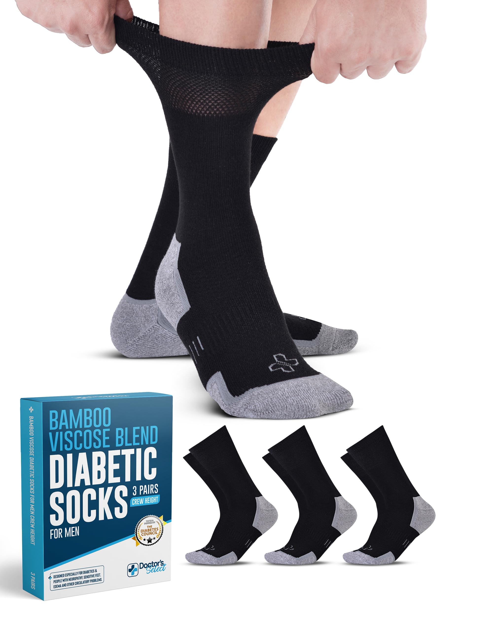 Doctor's Select Bamboo Viscose Diabetic Socks for Men - 3 Pairs Crew Socks for Neuropathy & Circulation | Breathable Comfort for Diabetic Foot Care | Ideal for Daily Wear, Work & Travel