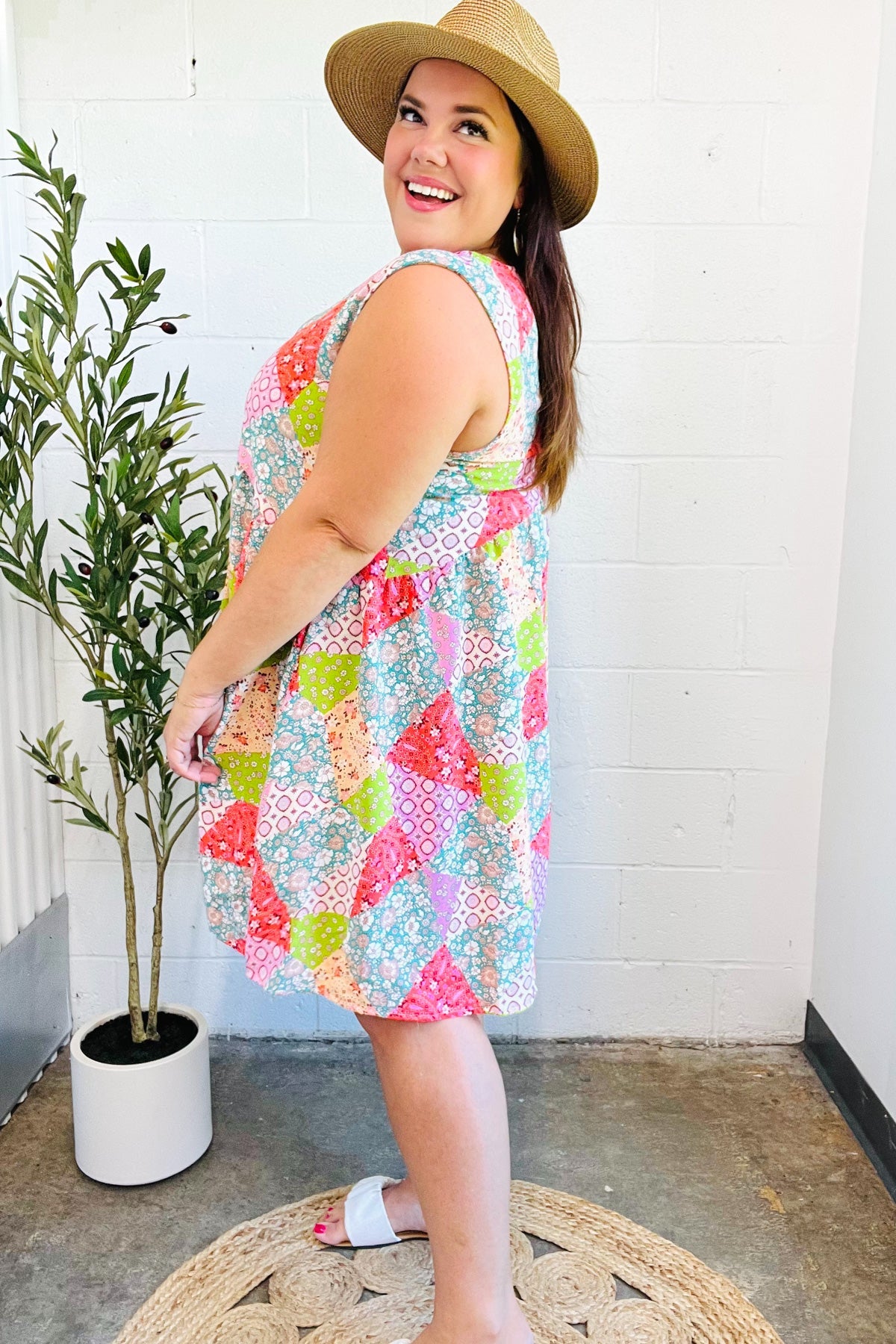 Hello Beautiful Peach & Sage Patchwork Babydoll Swing Dress - Flowy Summer Dress for Women, Boho Chic Midi Dress with Floral Print | Perfect for Beach Vacations, Date Nights & Outdoor Parties
