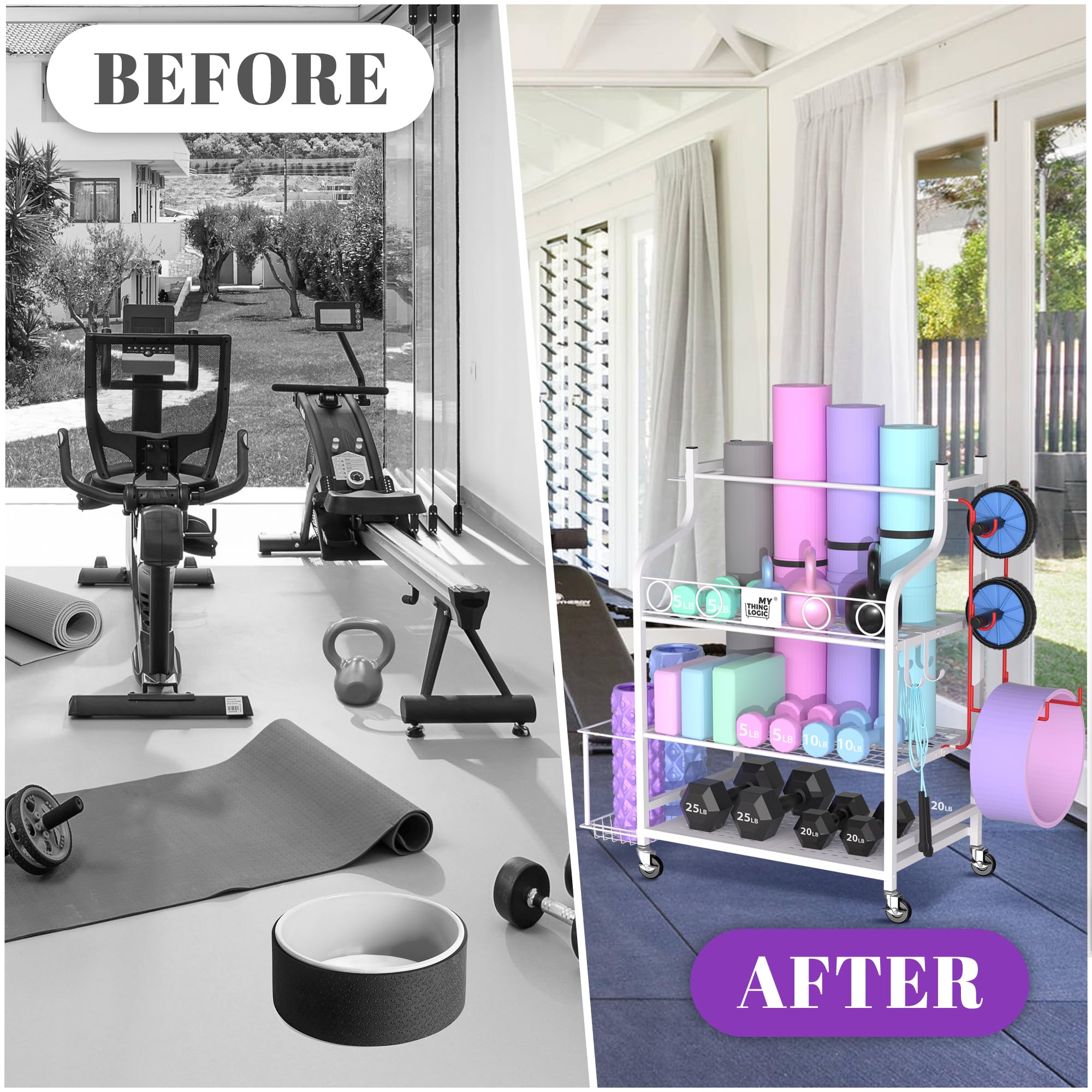 Mythinglogic Yoga Mat & Home Gym Storage Rack - Organizer for Dumbbells, Kettlebells, Foam Rollers, Yoga Straps & Resistance Bands - Heavy Duty Workout Equipment Holder with Hooks & Wheels - Perfect for Home Gym, Yoga Studio & Fitness Room Organization