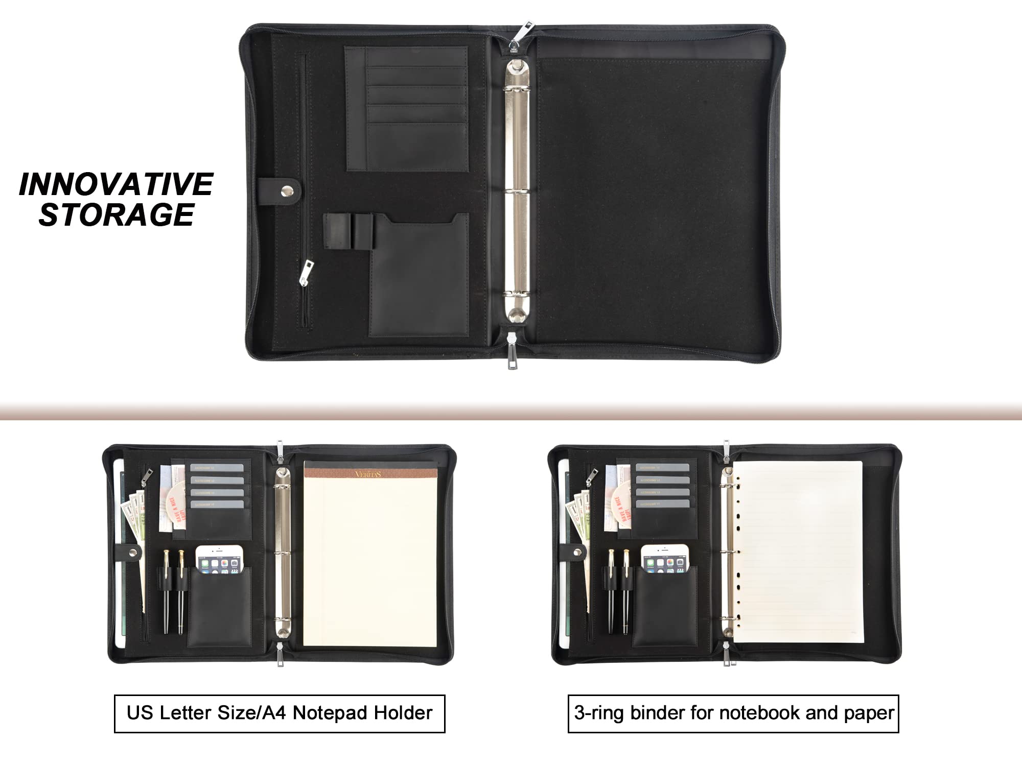 Asini Genuine Leather 3-Ring Binder Portfolio with Zipper - Professional Business Organizer for 13.3