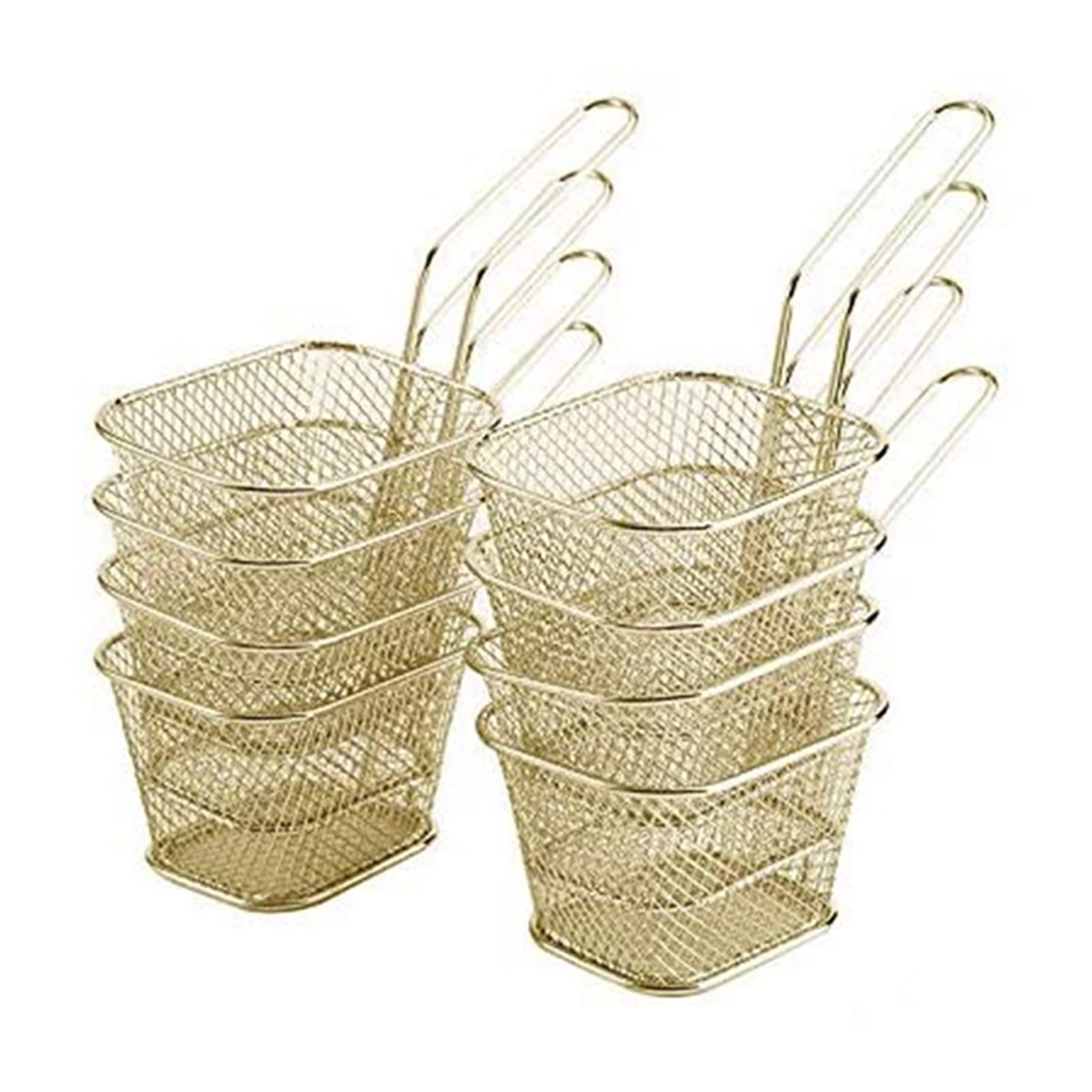 8 PCS Mini Stainless Steel Food Strainer Basket for Chips, Onion Rings - Square Fryer Basket for Deep Frying - Golden Color - Perfect for Home Kitchen, Restaurants & Fast Food Shops