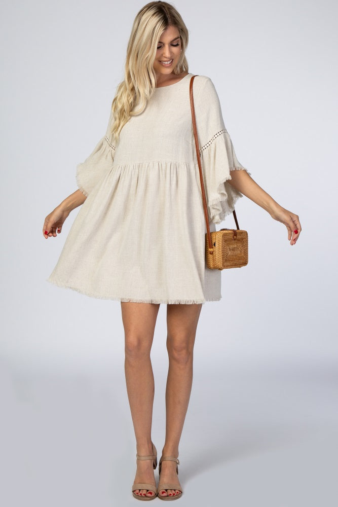 Beige Raw Edge Bell Sleeve Babydoll Dress for Women - Boho Chic Lace Trim Mini Dress - Perfect for Summer, Beach, Music Festivals & Date Nights
