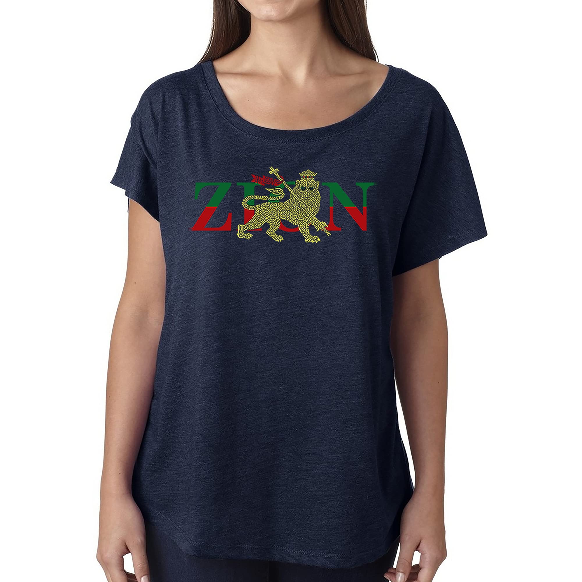 LA POP ART Women's Dolman Cut Word Art Shirt - Zion - One Love Graphic Tee | Vintage Inspired Casual Top for Women | Perfect for Music Festivals, Concerts & Boho Street Style