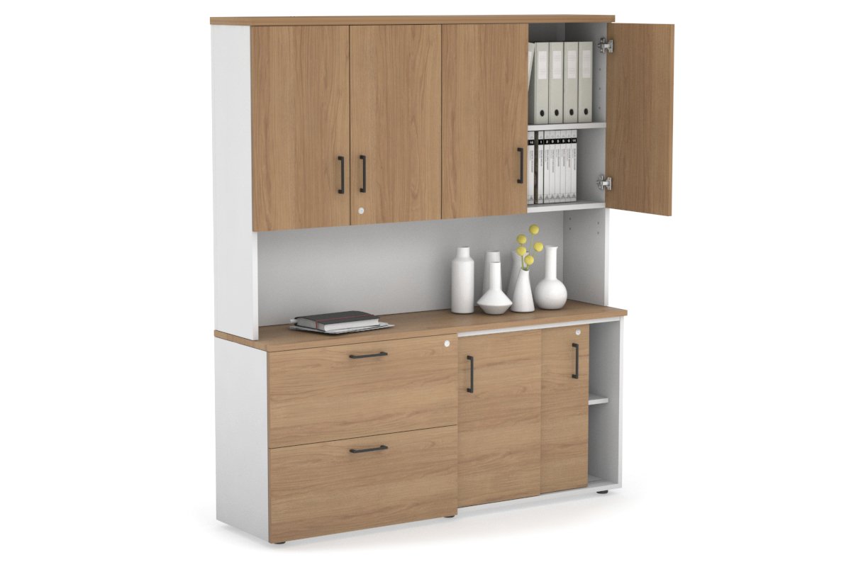 2-Door Sliding Credenza with 2-Drawer Lateral File Cabinet & Hutch - Modern Office Storage Solution for Home or Business Workspaces