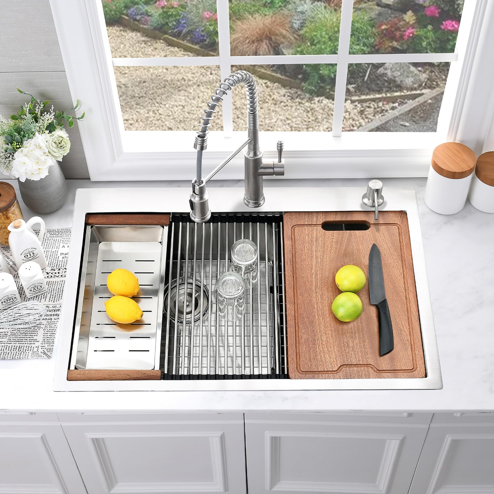 33x22 Inch Drop-In Double Bowl Kitchen Sink Workstation - 16 Gauge Stainless Steel with 60/40 Low Divider & Cutting Board - Perfect for Meal Prep, Washing Dishes, and Modern Kitchen Renovations
