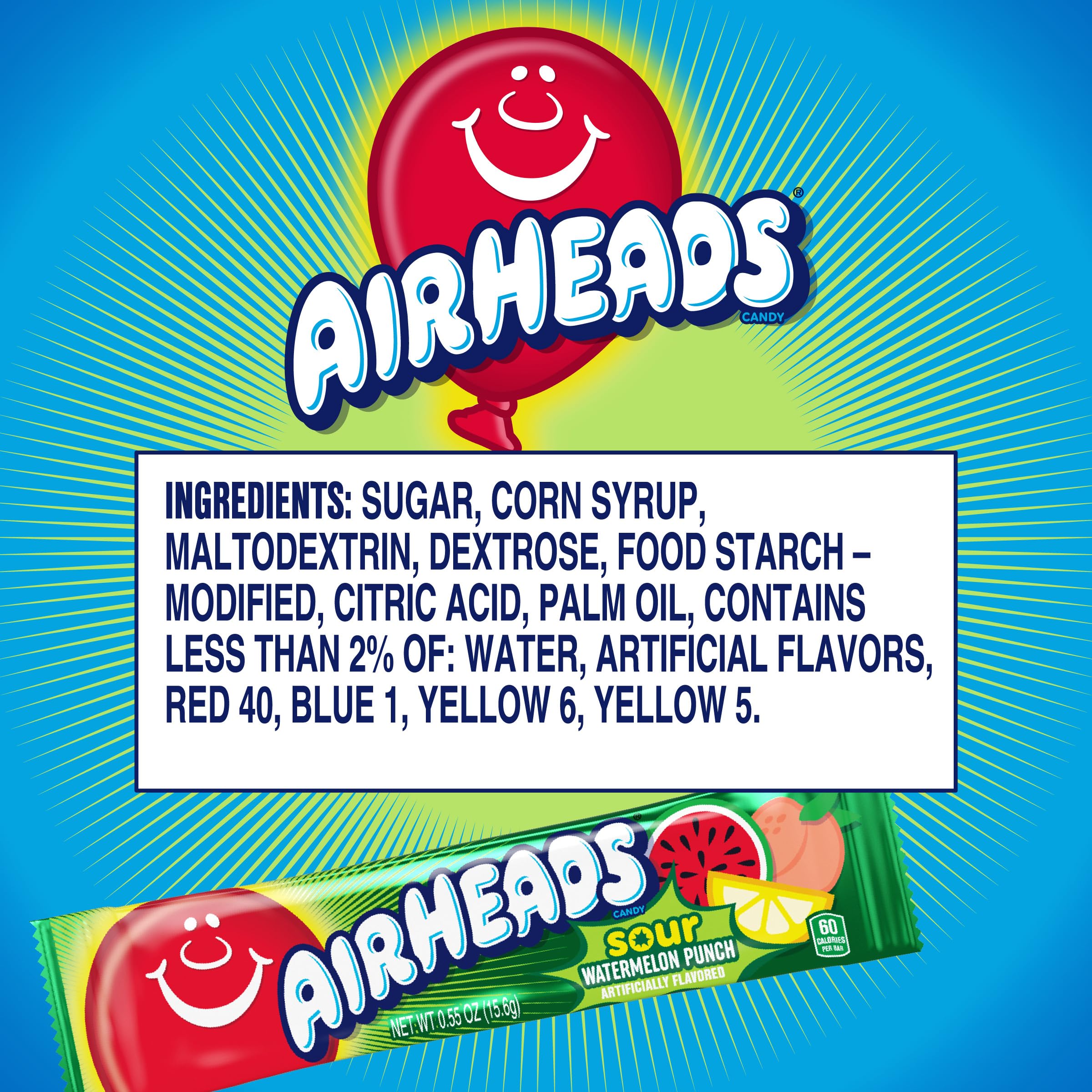 Airheads Sour Full-Size Candy Bars - Sour Watermelon Punch Taffy Candy, Individually Wrapped (36 Count) - Perfect for Halloween, Party Favors & Office Snacks