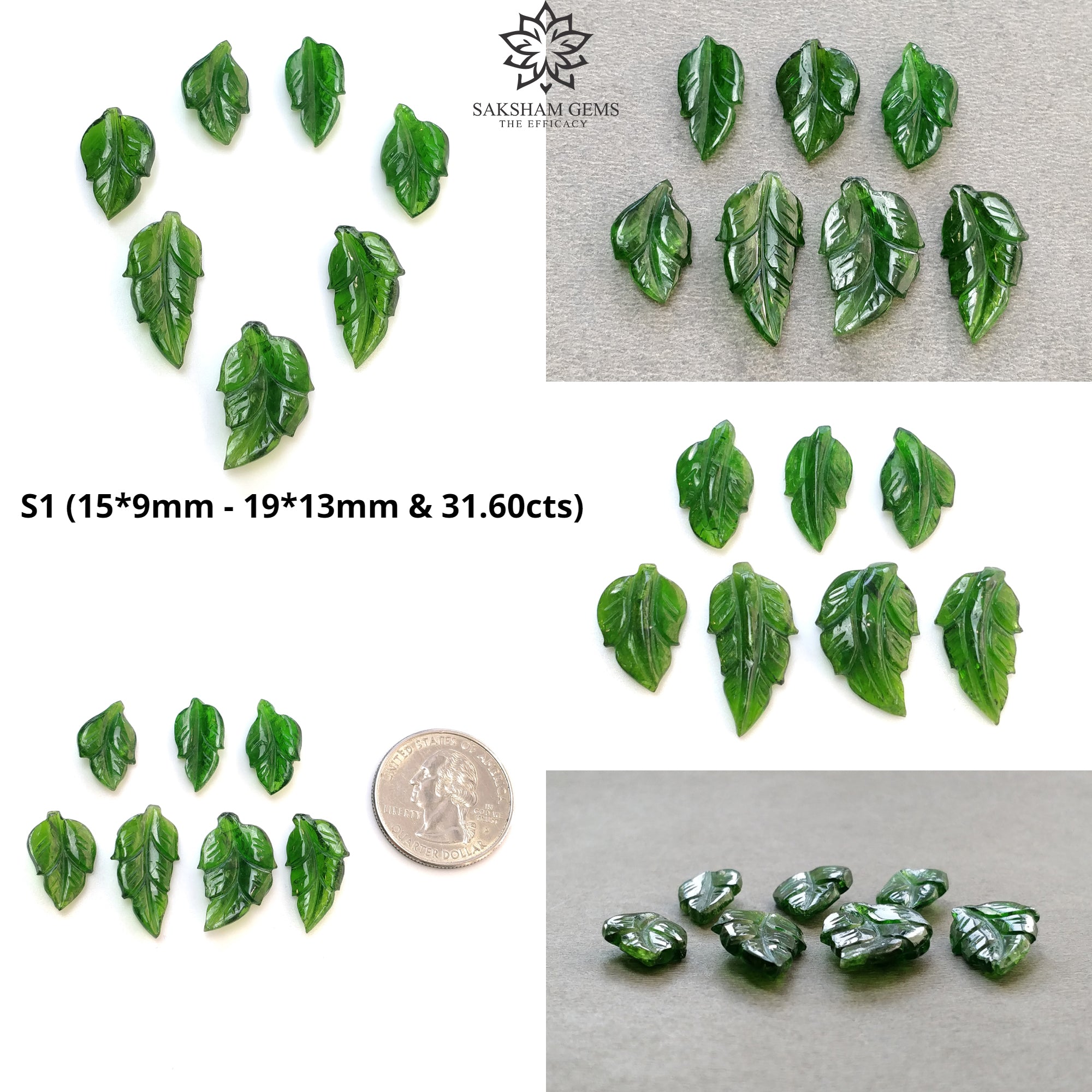 Natural Green Chrome Diopside Gemstone Carving - Hand Carved Double-Sided Leaf Design (7-Piece Set) for Jewelry Making, Meditation & Crystal Healing