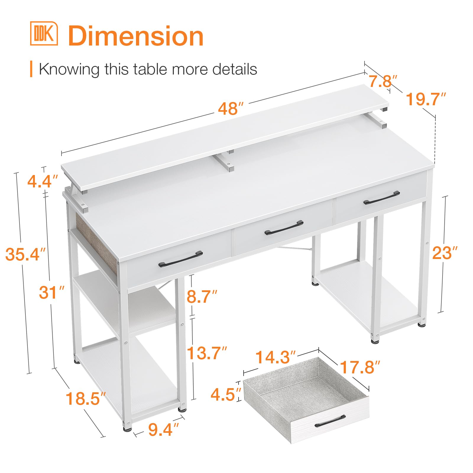 48 inch ODK Modern Computer Desk with Drawers & Storage Shelves - Home Office Desk with Monitor Stand, Space-Saving Writing Table for Small Spaces (White) - Perfect for Remote Work, Study & Home Office Setup