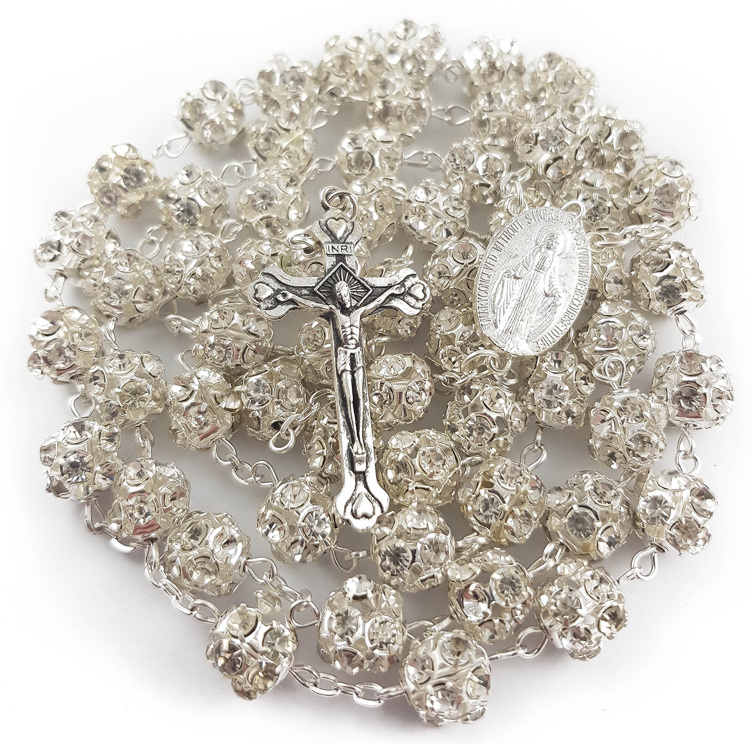 White Zircon Rosary Necklace with Miraculous Medal & Crucifix - Prayer & Gift