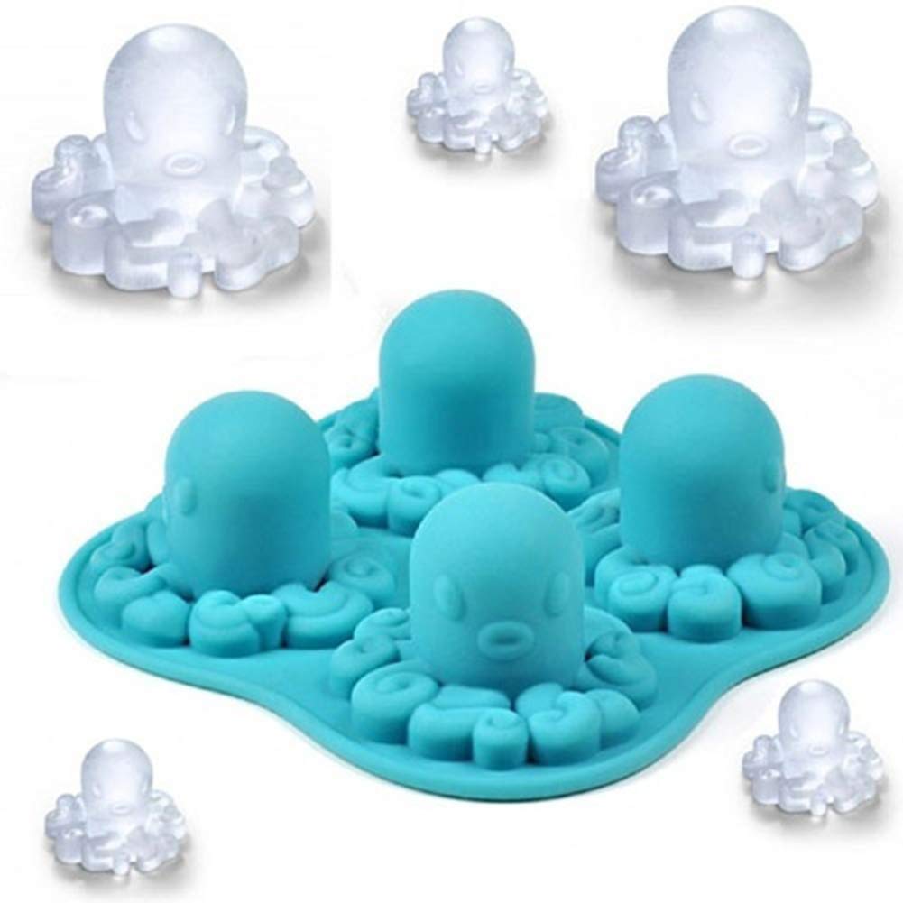 Blue Silicone Ice Cube Tray with 4 Octopus Grids - Reusable Freezer Mold for Cocktails, Lemonade & DIY Crafts - Perfect for Parties, Home Bars & Kids' Snacks