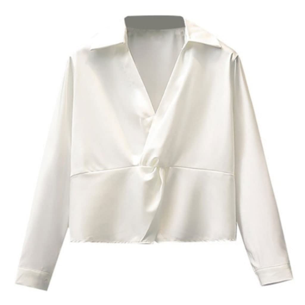 Women's Long Sleeve V-Neck Crop Top Blouse - Solid Color Plus Size Office Wear for Fall | Perfect for Work, Casual Outfits & Layering (Color A, Size Large)