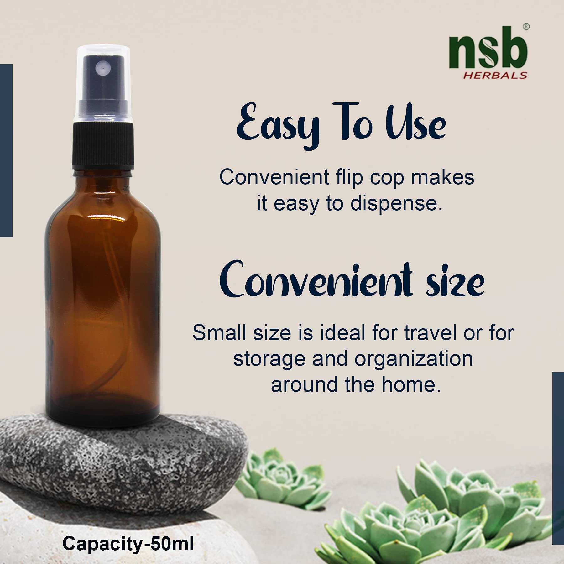NSB Herbals 50ml Refillable Amber Glass Spray Bottles with Leak-Proof Pump - Perfect for DIY Perfume, Essential Oils, Aromatherapy, Beauty Products & Skincare (Pack of 3) | Great for Travel, Home Spa & Gift Sets
