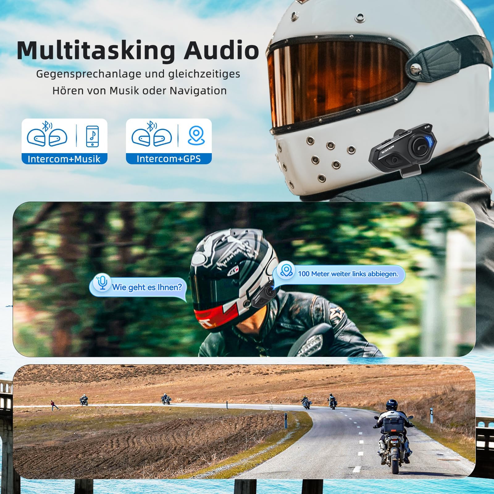 WAYXIN R16 Motorcycle Bluetooth Headset - 6-Way Intercom System, Music Sharing, IP67 Waterproof, Universal Compatibility with Other Brands - Perfect for Group Rides, Long-Distance Touring & Adventure Motorcycling