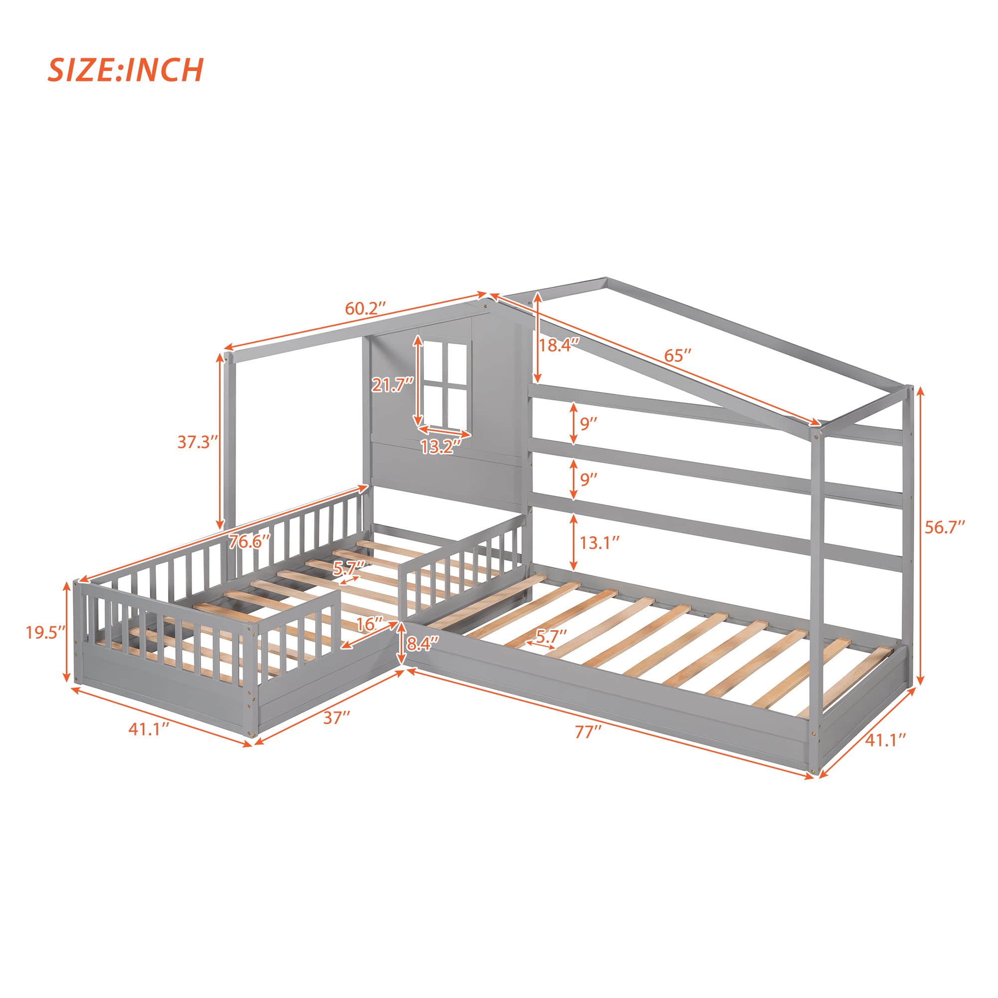 MERITLINE L-Shaped Twin Beds for Kids - Wooden Bunk Beds with Safety Fence & Playhouse Roof - Space-Saving Corner Bedroom Furniture for Siblings - No Box Spring Needed (Gray) - Perfect for Shared Kids' Rooms & Small Spaces