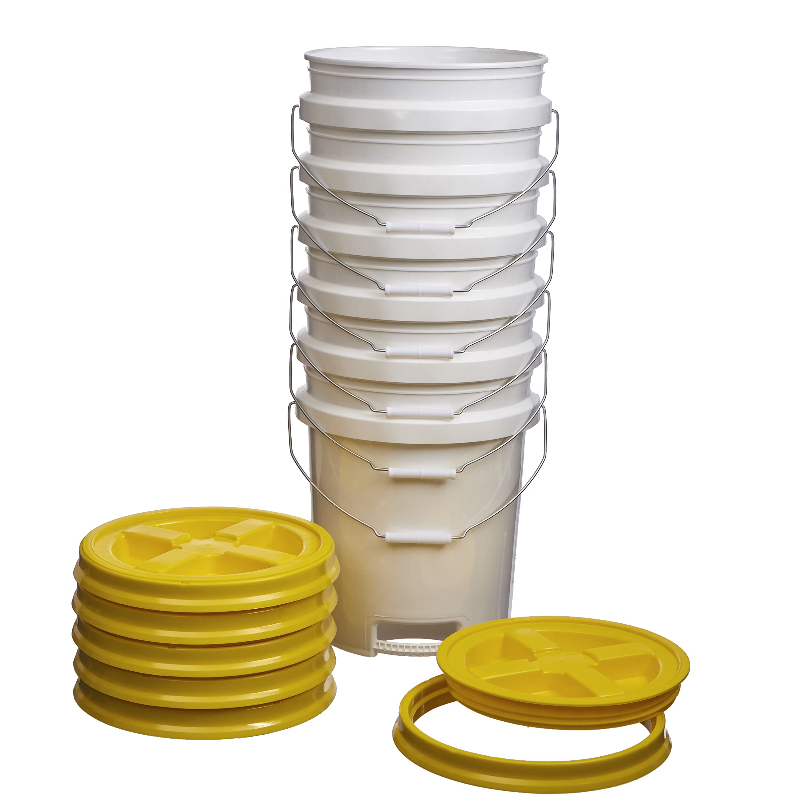 5 Gallon White Food Grade Buckets with Gamma Seal Lids - BPA Free HDPE Storage Pails with Bottom Grip Handle | Durable Made in USA Containers (6-Pack, Yellow Lids) for Food Storage, Home Organization & DIY Projects