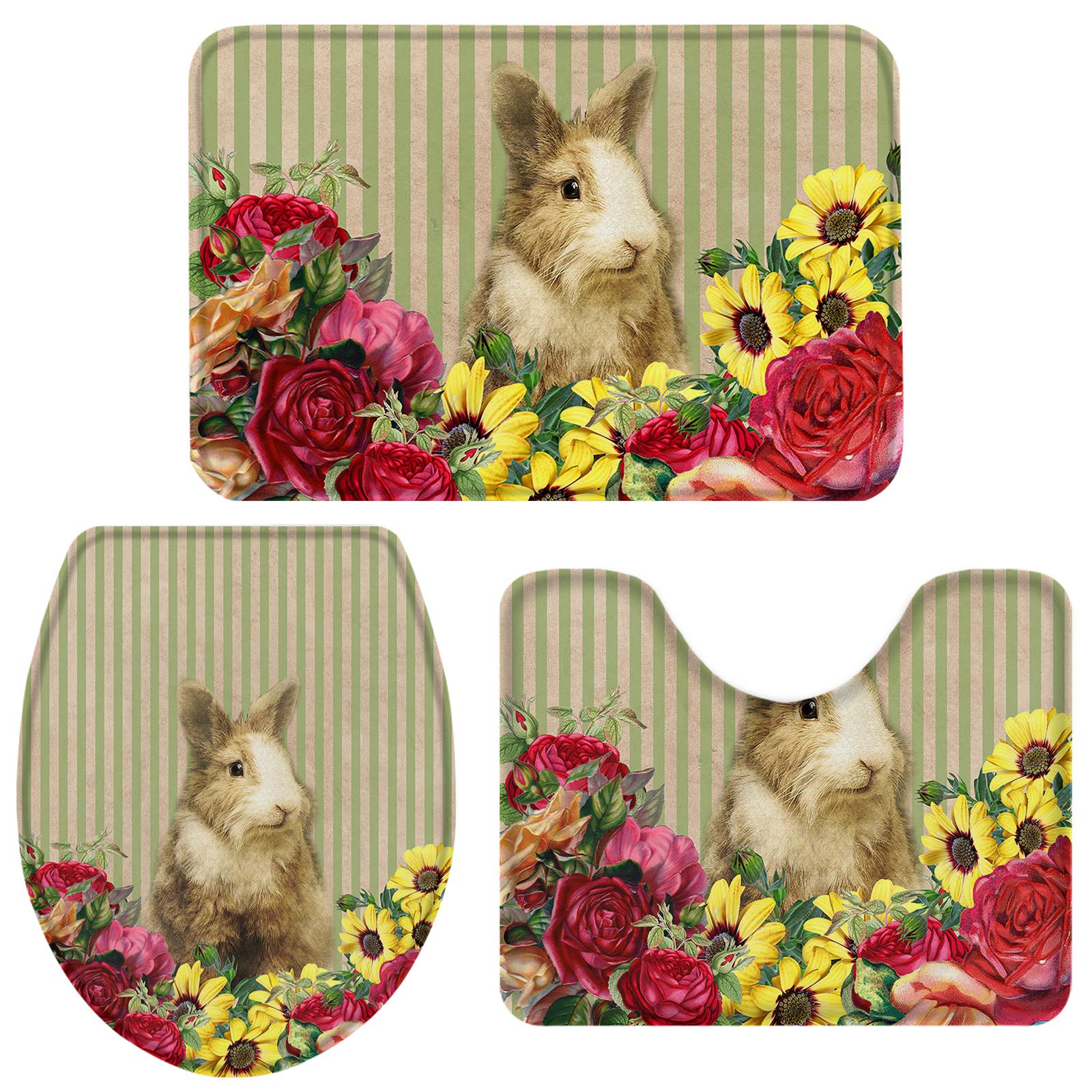 Futuregrace 3-Piece Non-Slip Bathroom Rug Set with Rubber Backing - Soft Contour Mat, Toilet Lid Cover & Bath Mat - Cute Rabbit Animal Print for Easter Decor - Perfect for Bathroom, Laundry Room & Kids' Room
