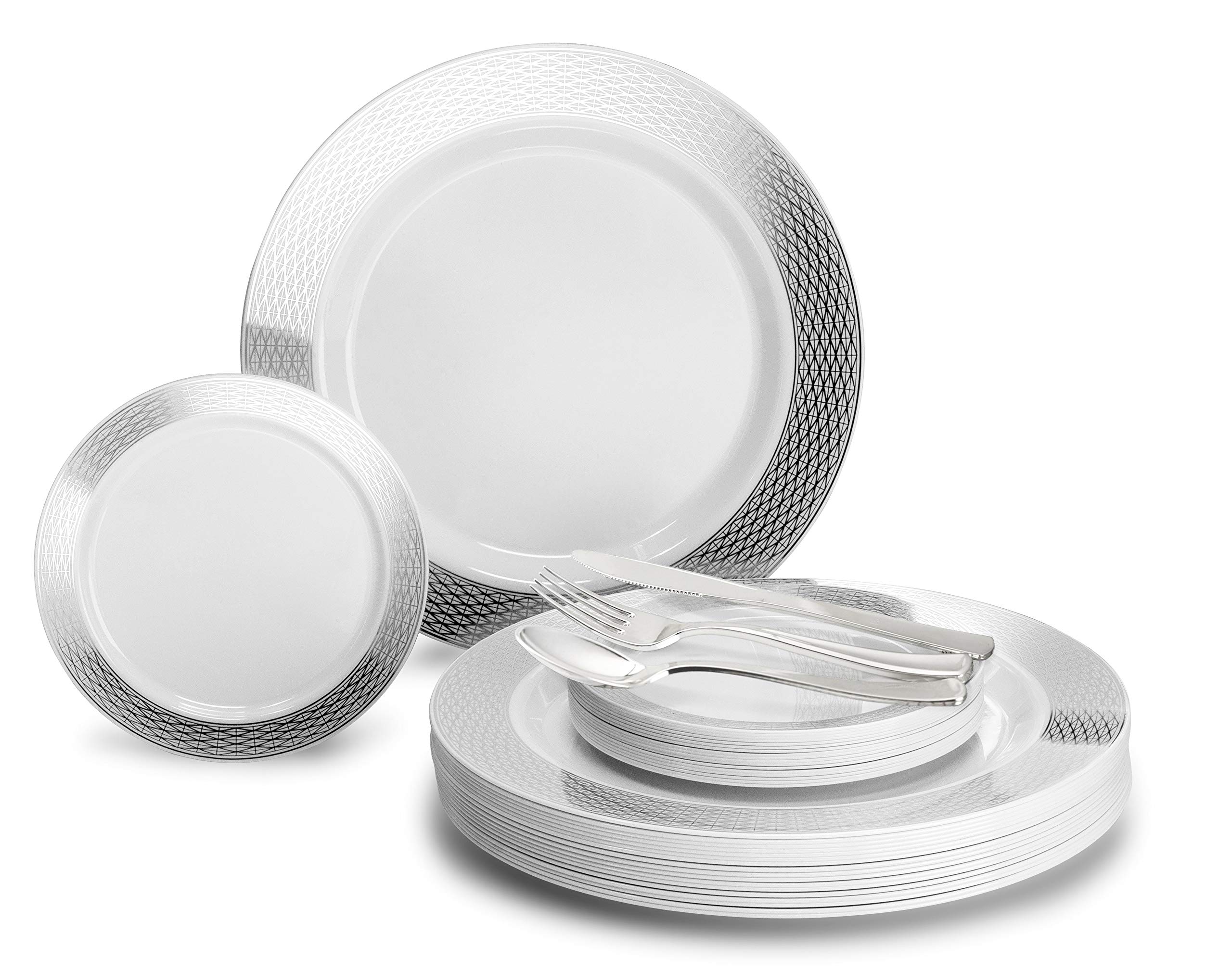 125-Piece Heavyweight Disposable Wedding Dinnerware Set - 25 Guest Plastic Plates & Silver Cutlery (10.5'' & 6.25'', Diamond White & Silver) - Perfect for Weddings, Parties, and Special Events