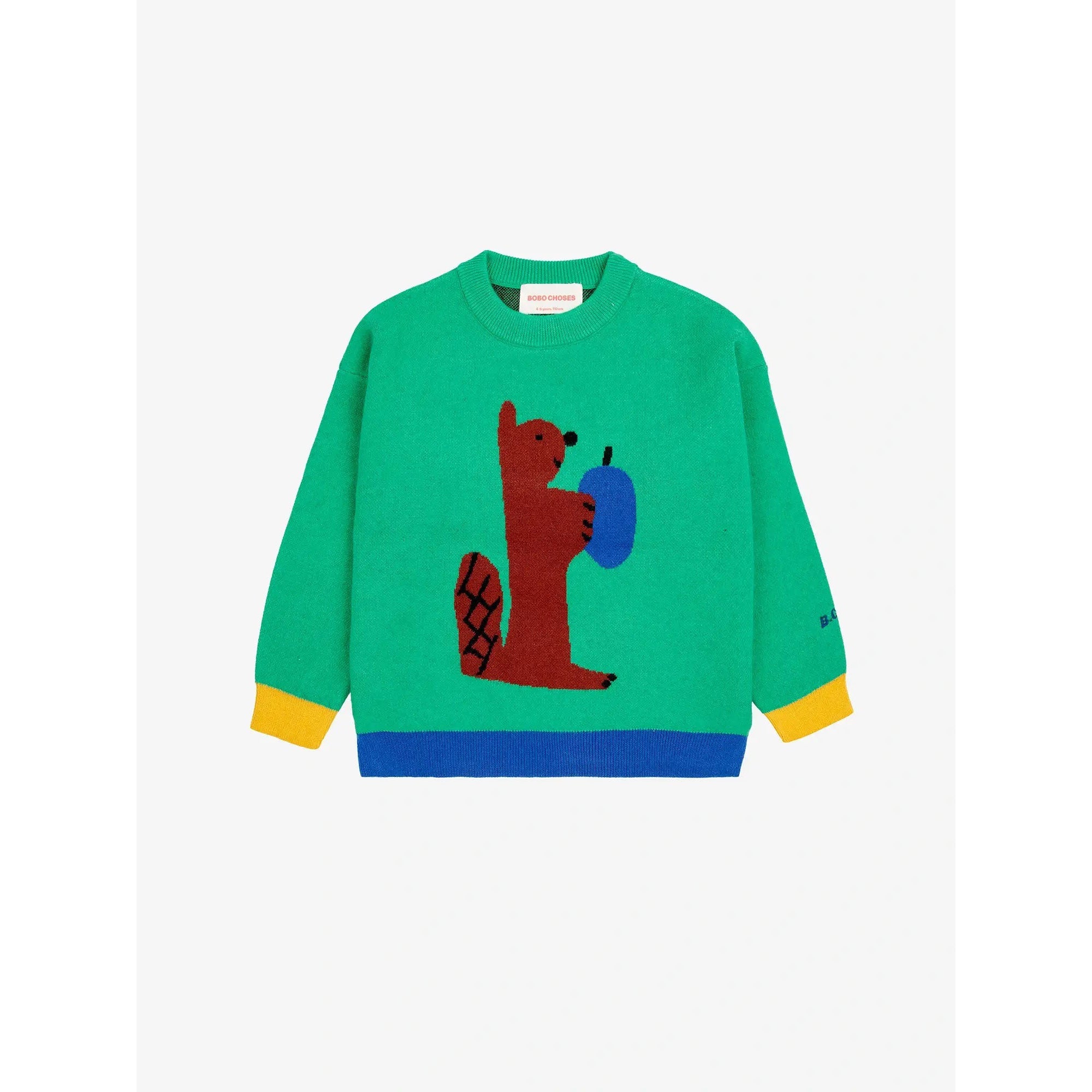 Bobo Choses Hungry Squirrel Jacquard Jumper - Green | Soft Cotton Kids Sweater for Boys & Girls | Perfect for Playdates, School & Family Outings