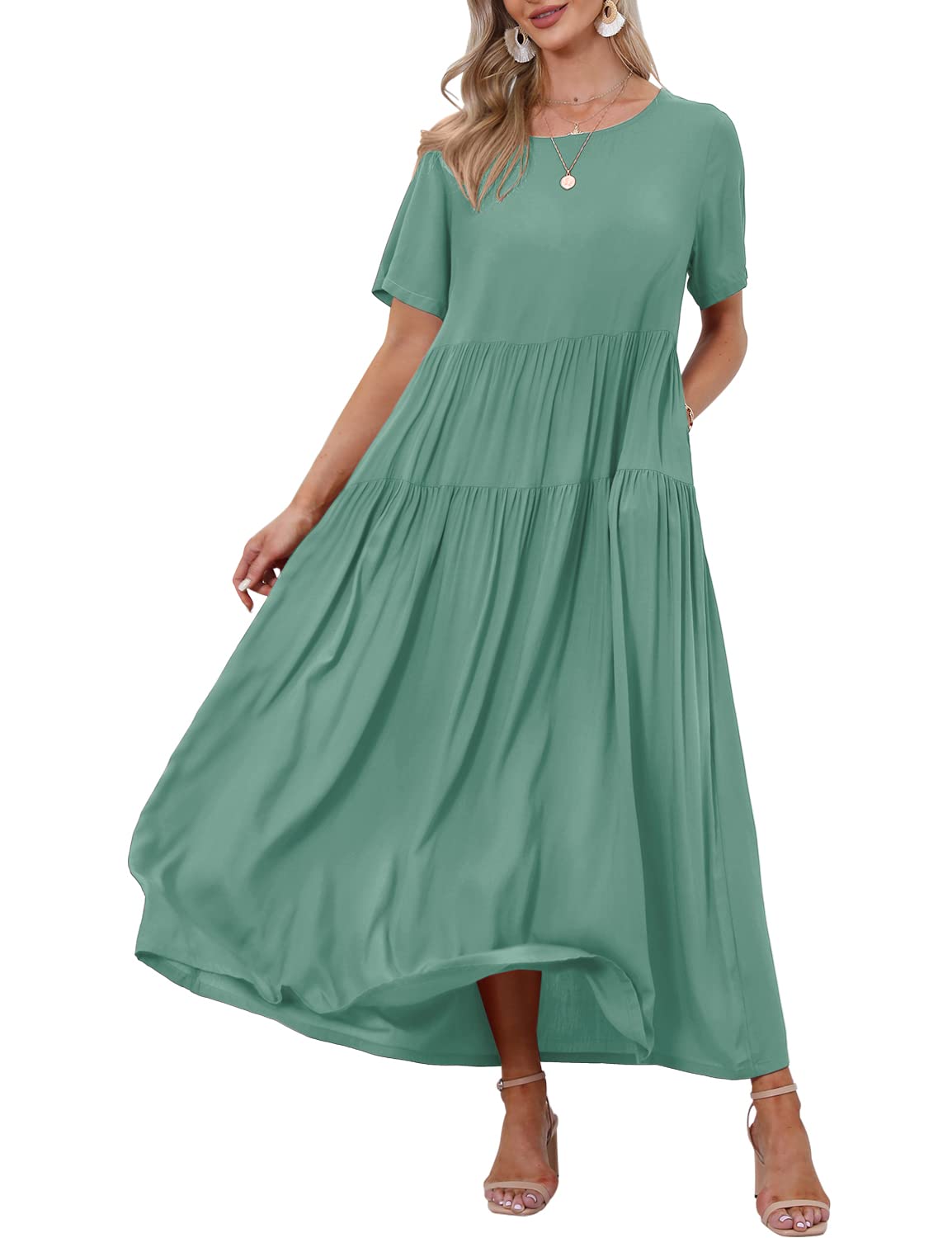 YESNO Women's Casual Loose Bohemian Floral Dress with Pockets - Short Sleeve Summer Beach Swing Dress for Vacation, Outdoor, and Boho Style Outfits