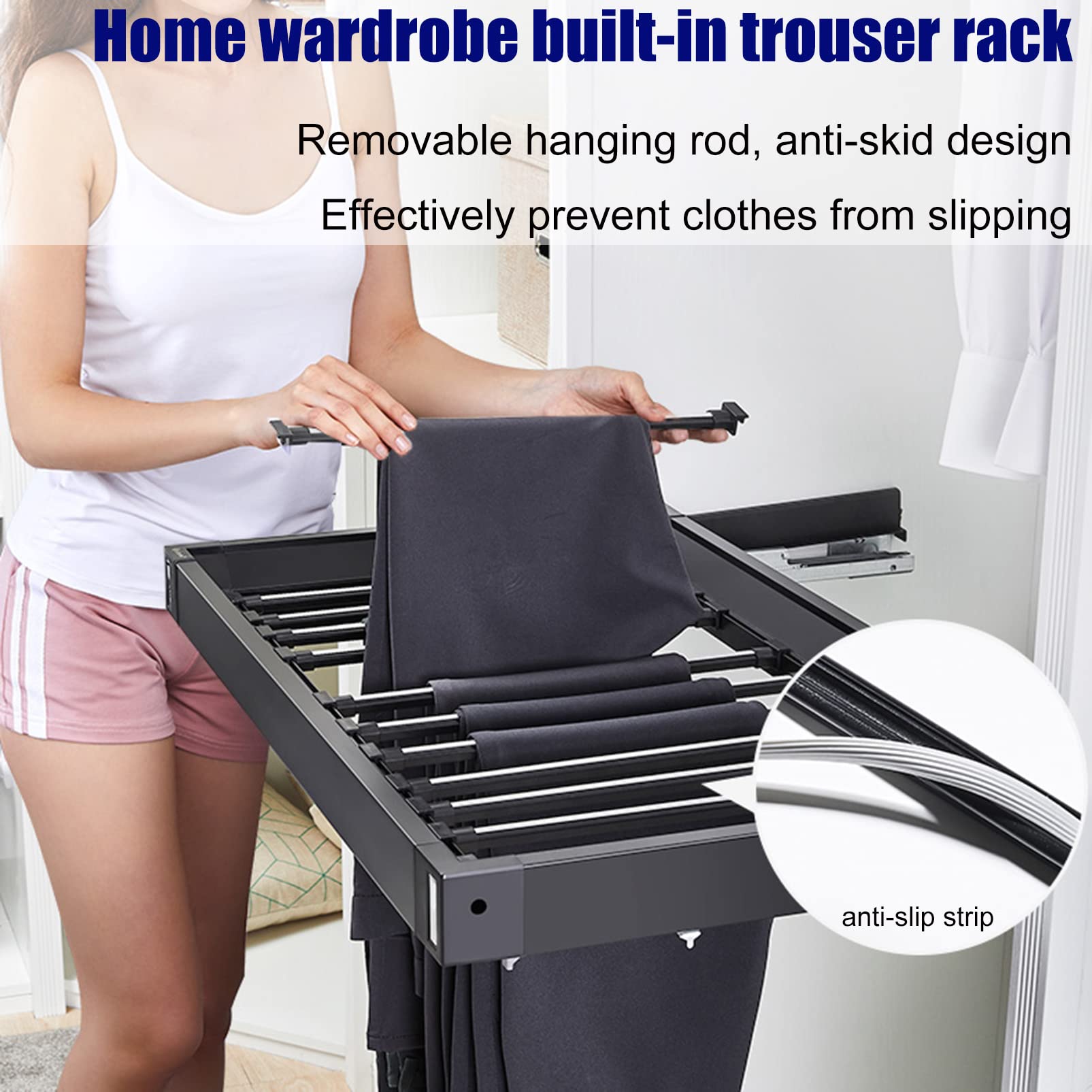 Telescopic Pull-Out Closet Rod with Detachable Pants Hanger Rack - Built-in Wardrobe Organizer for Trousers, Jeans & Scarves | Space-Saving Sliding Storage Solution for Bedroom, Closet or Walk-in Wardrobe