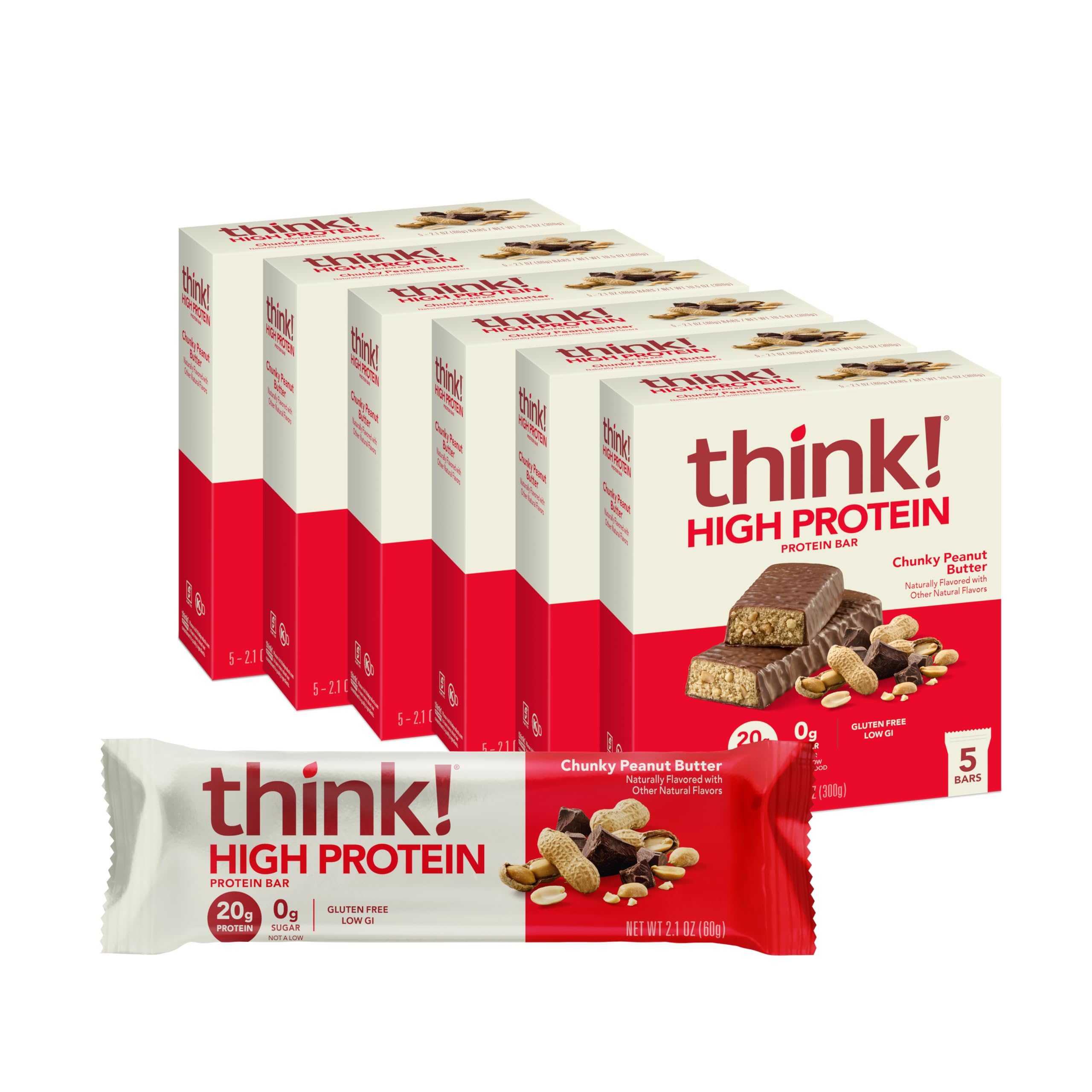 Think! Protein Bars - High Protein, Gluten Free, Kosher Friendly, Chunky Peanut Butter Nutrition Snacks, 2.1 Oz per Bar, 30 Count (Packaging May Vary) | Ideal for Workout Recovery, Office Snacks & Healthy On-the-Go Meals