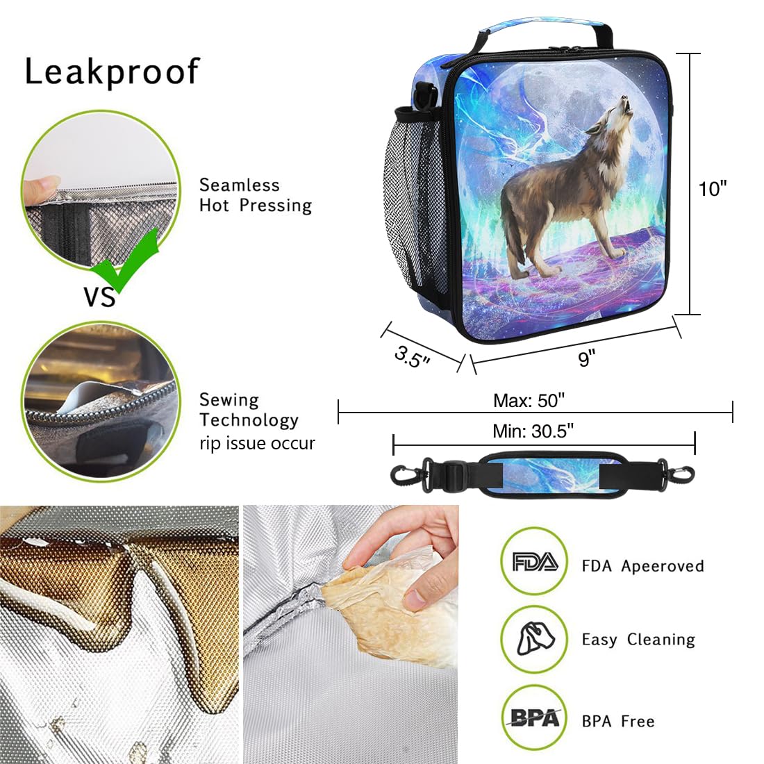 ALAZA Insulated Lunch Box - Large Freezable Cooler Bag for Men, Women & Kids - Wolf & Galaxy Design with Shoulder Strap - Perfect for Work, School, Picnics & Outdoor Activities