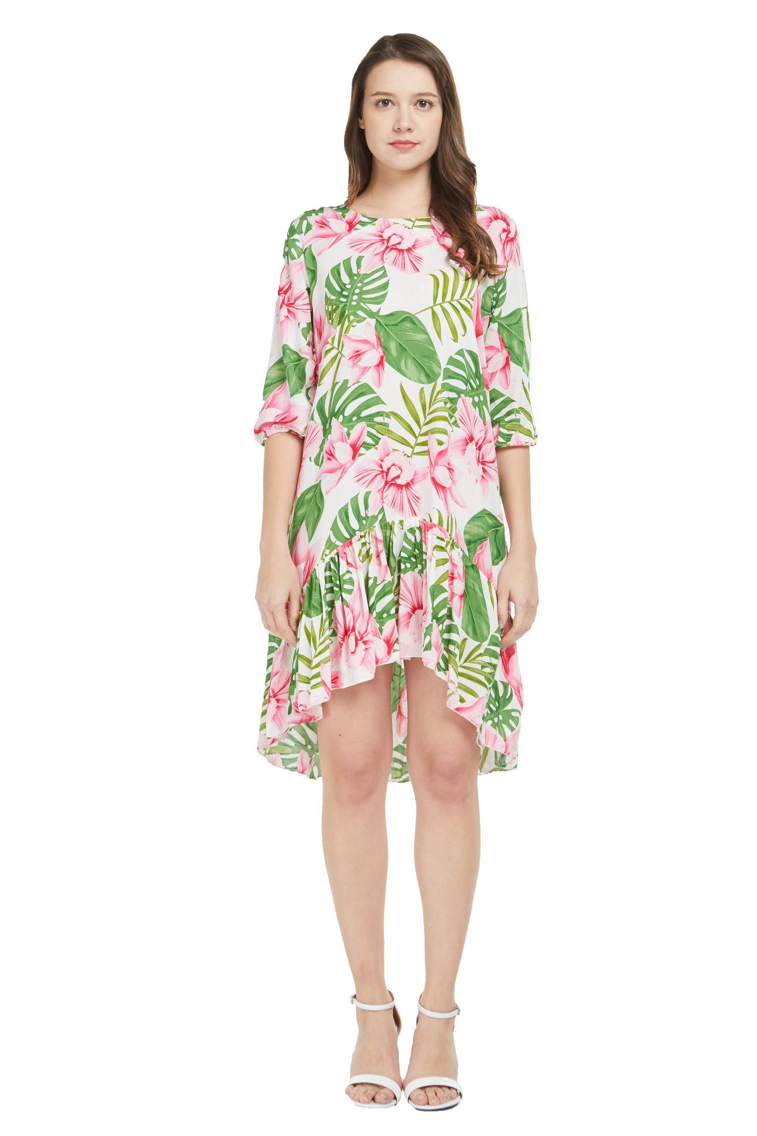 Stylish Couple Matching Hawaiian Luau Shirt & 3/4 Sleeve Ruffle Dress - Vibrant Neon Sunset Print for Beach Vacation, Summer Party, and Tropical Theme Events