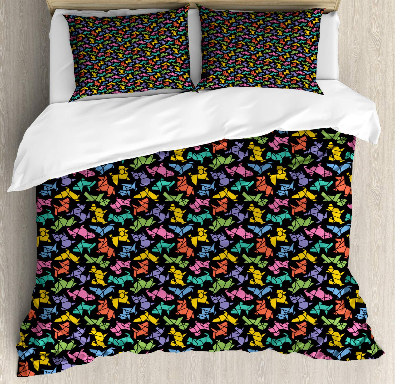 Ambesonne Dogs Duvet Cover Set - Abstract Geometric Dog Pattern on Dark Background, 3-Piece Queen Size Bedding with 2 Pillow Shams | Modern Pet Lover's Bedroom Decor for Dog Owners