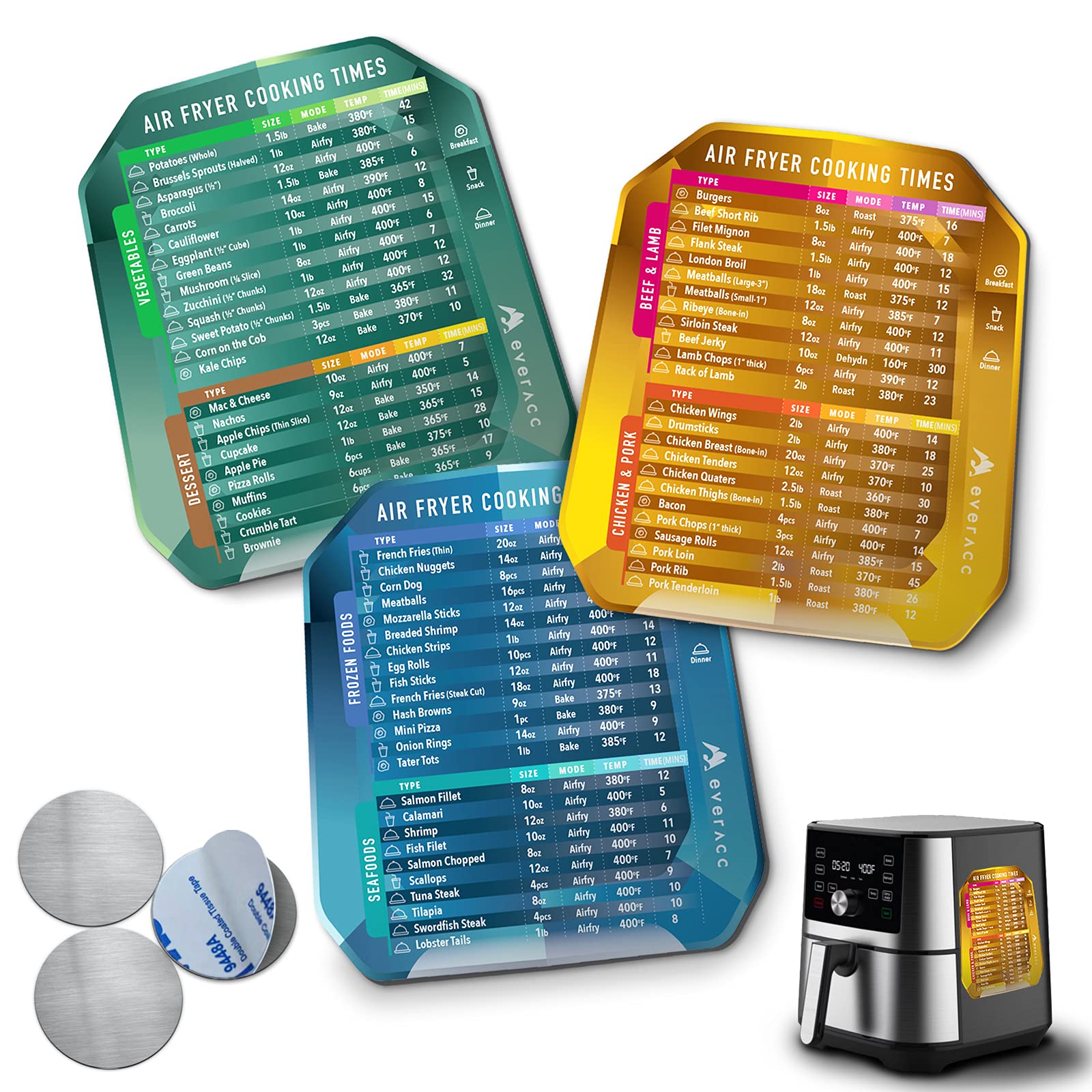 Air Fryer Magnetic Cheat Sheet Set - Cooking Times Chart & Quick Reference Guide for Instant Air Fryer Oven - Perfect Kitchen Accessories for Healthy Frying & Baking at Home