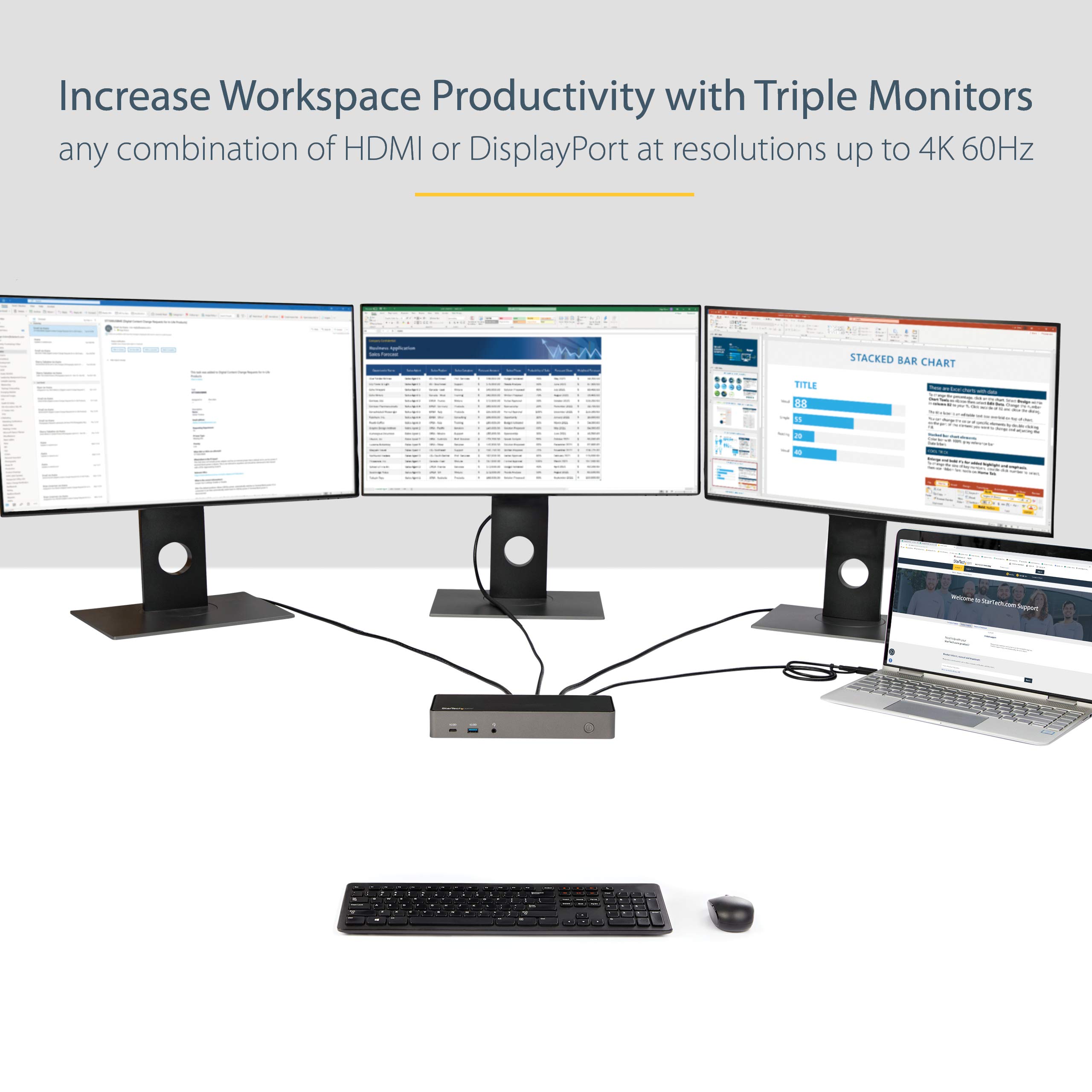 StarTech.com Hybrid Universal Triple Monitor Laptop Docking Station with USB-C & USB-A - 4K 60Hz DisplayPort & HDMI, 85W Power Delivery, 6-Port USB 3.1 Hub (10Gbps), Gigabit Ethernet, Audio - TAA Compliant - Perfect for Home Office, Remote Work & Multi-Screen Productivity
