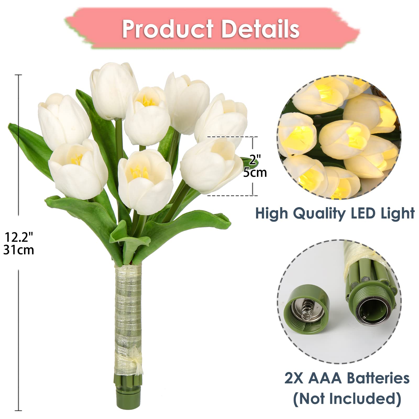 White Tulips Artificial Flowers 8pcs - Real Touch PU Fake Tulips Bouquet with LED Lights for Home, Wedding, Office Decor - Perfect for Table Centerpieces, Indoor Arrangements & Gift Giving