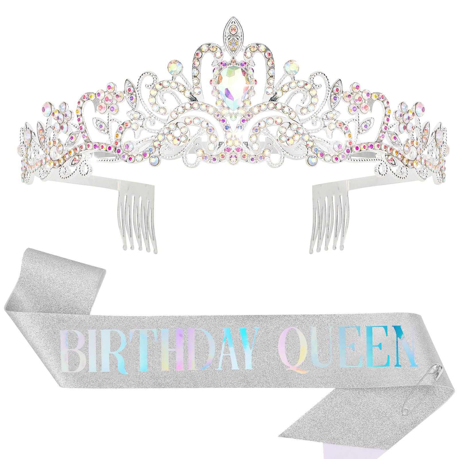 Araluky Silver Birthday Tiara for Women - Crystal Crown Comb with Sash, Princess Headband for Birthday Parties, Prom, Bachelorette & Special Events - Elegant Gift for Girls & Women (Colorful Lettering)