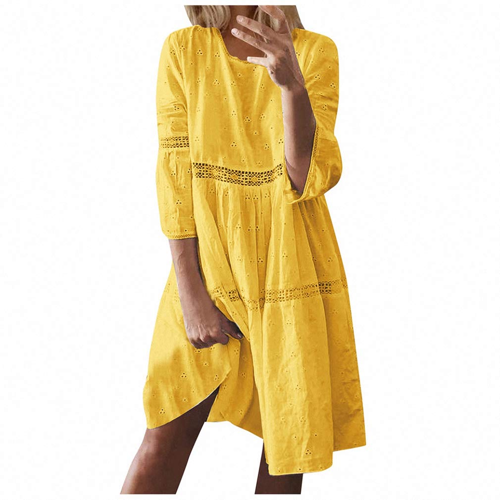 Boho Solid Crew Neck Hollow Out Spliced 3/4 Sleeve Midi Dress for Women - Summer Beach Maxi Dress Plus Size - Perfect for Vacations, Music Festivals & Casual Outings