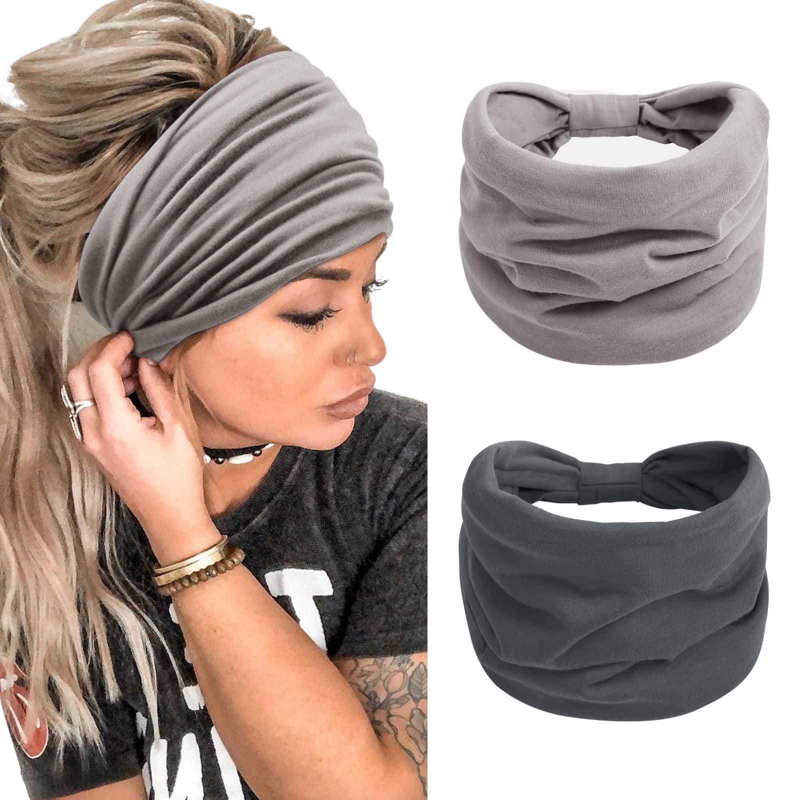 Women's Wide Boho Headbands – Stretchy Yoga & Sports Hair Bands for Women – Grey Head Wraps – Perfect for Workouts, Yoga & Fashion Accessories