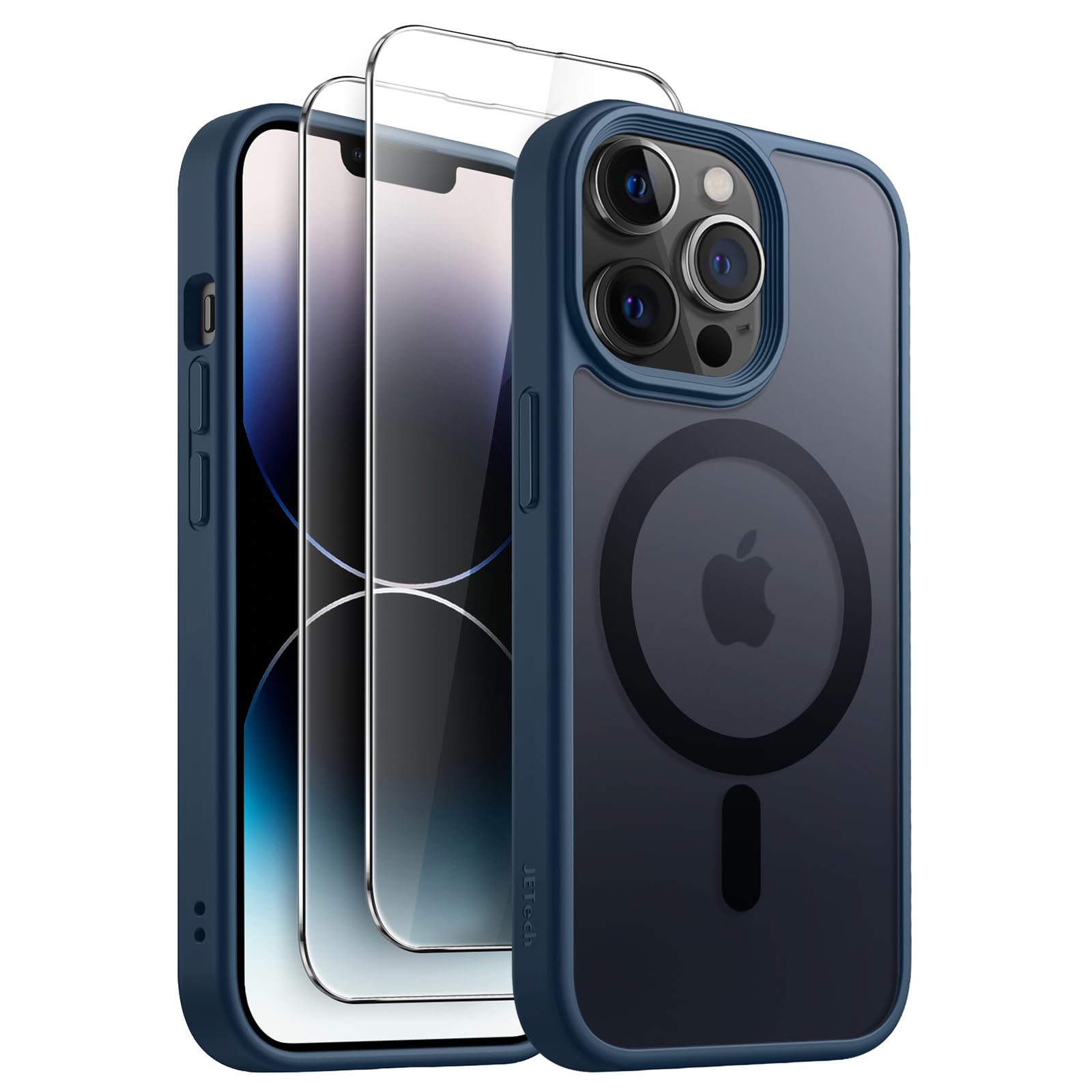 JETech 3 in 1 Magnetic Case for iPhone 14 Pro 6.1-Inch with 2-Pack Tempered Glass Screen Protector | MagSafe Compatible | Translucent Matte Shockproof Phone Cover (Storm Blue) - Perfect for Daily Use, Travel & Outdoor Protection
