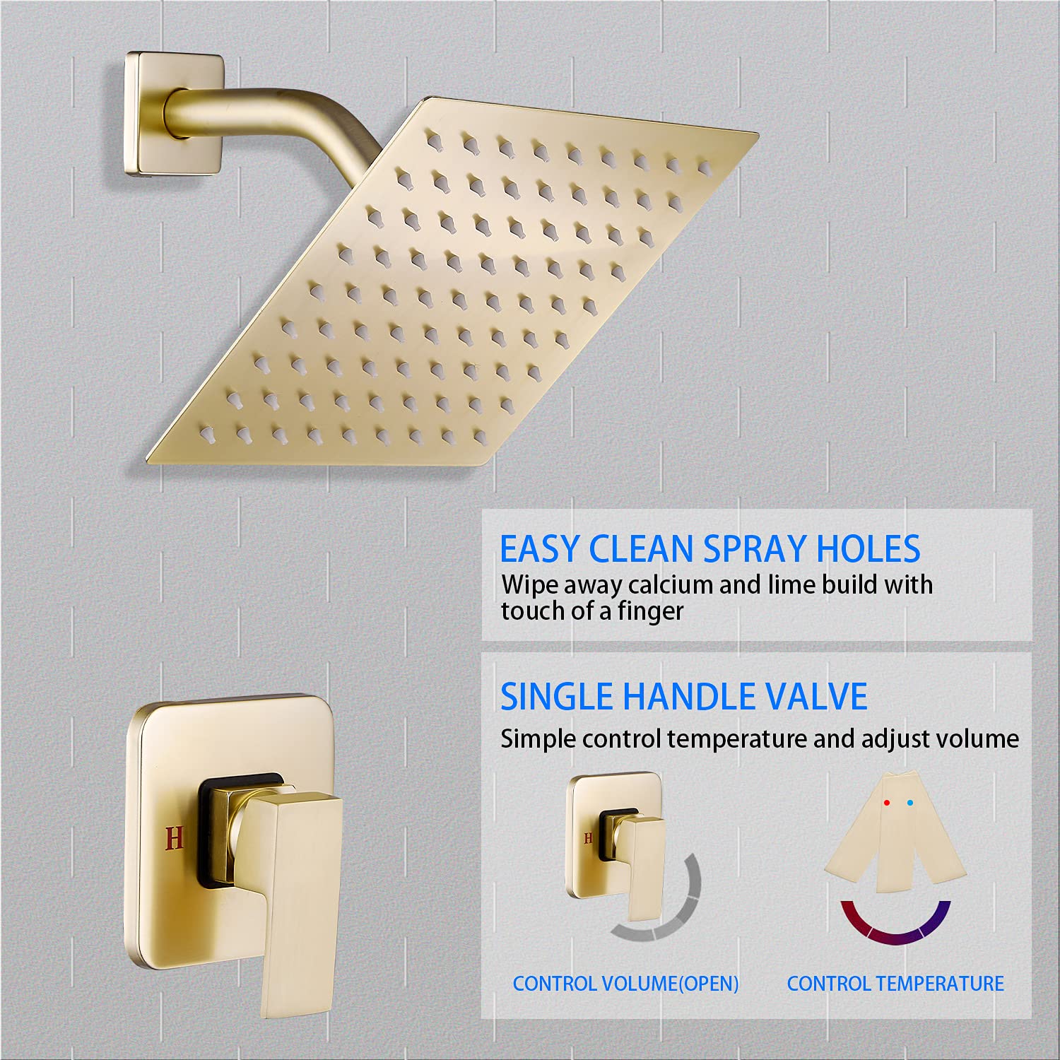 GGStudy Brushed Gold Single Function Shower Trim Kit with Rough-in Valve - 8 Inch Square Stainless Steel Rainfall Shower Head - Modern Bathroom Faucet System for Luxurious Spa-like Experience