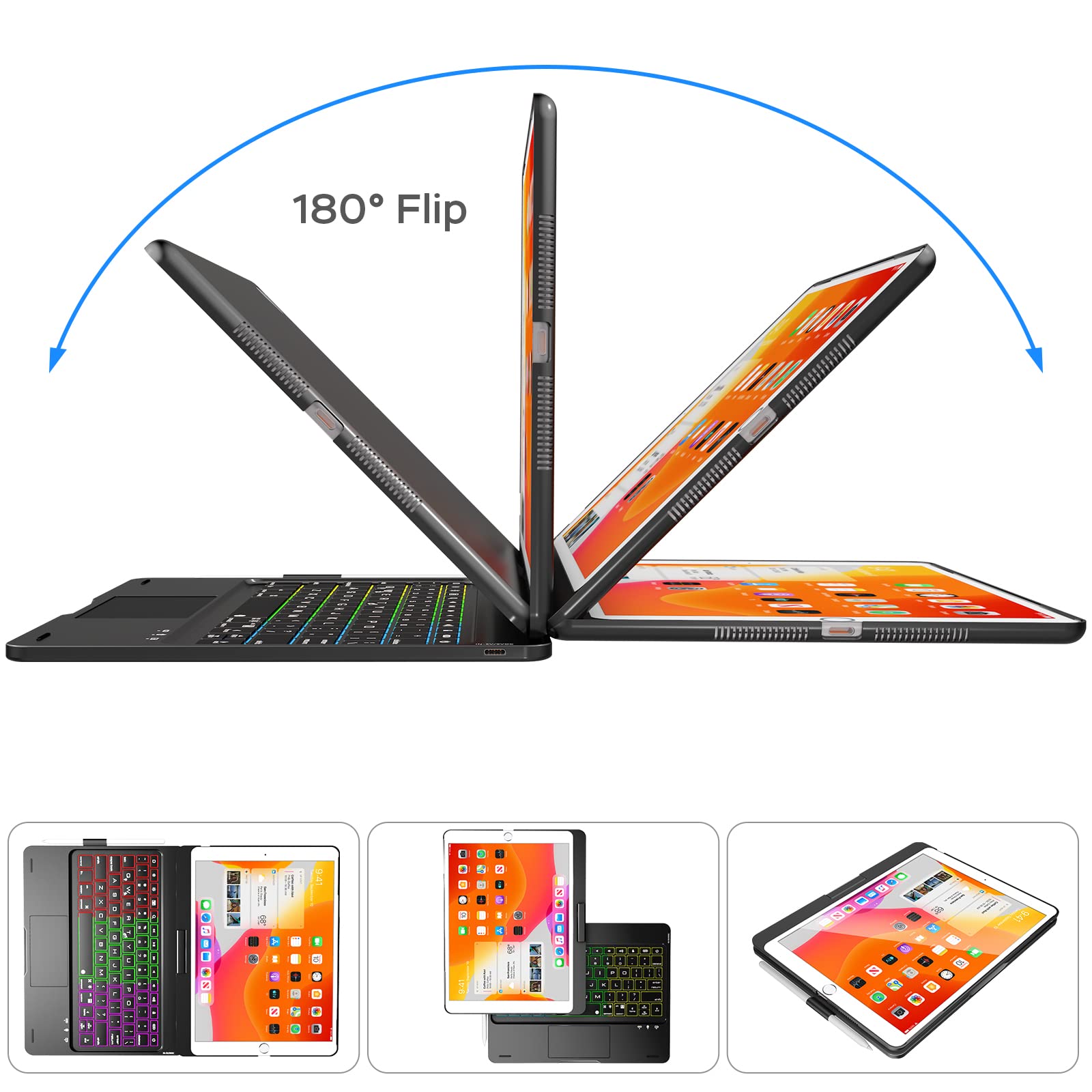 NOKBABO iPad 9th Generation Case with Keyboard - 360° Rotatable Touchpad, 7-Color Backlight & Pencil Holder for iPad 9th/8th/7th Gen 10.2